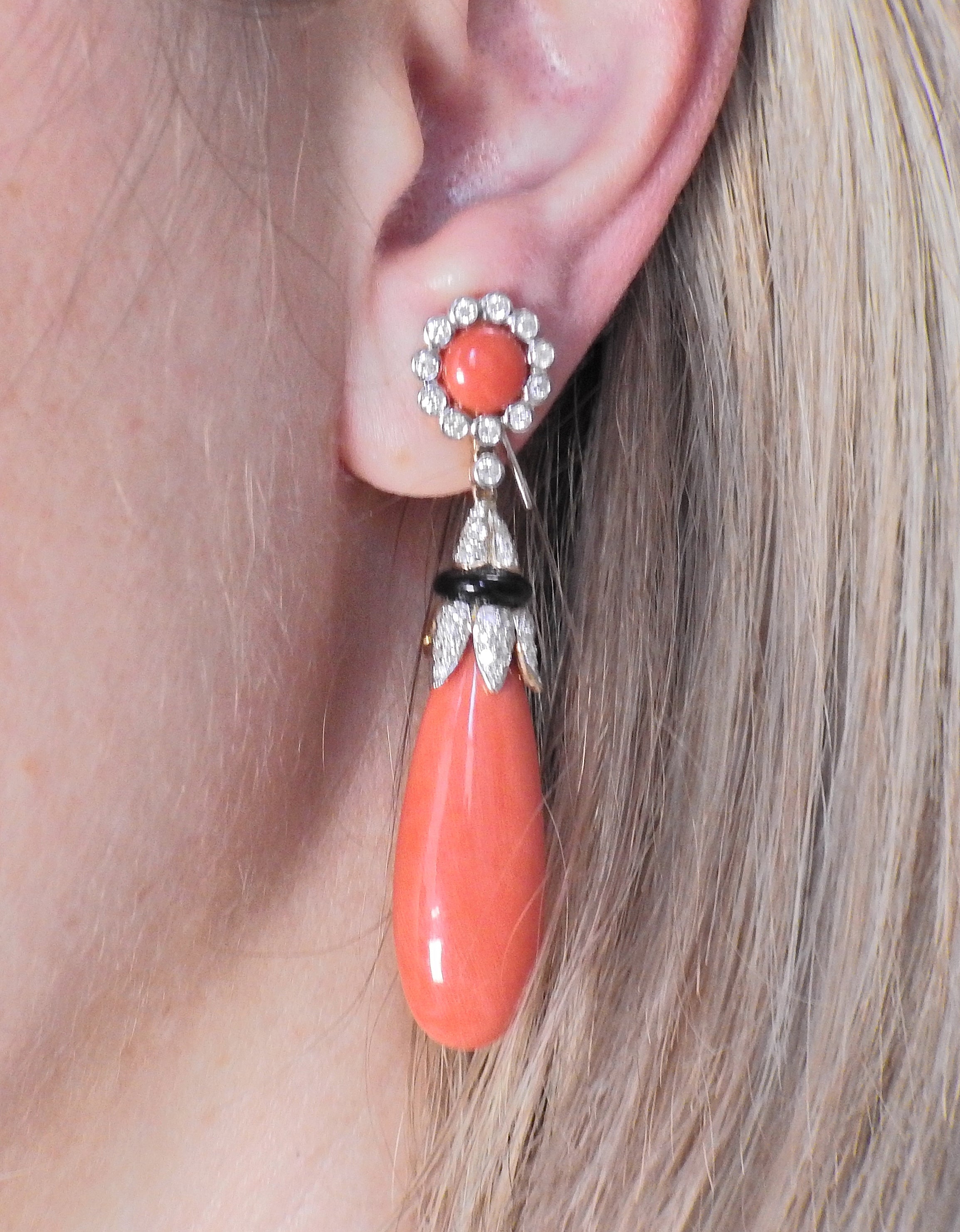 Coral Diamond Onyx Gold Drop Earrings - Oak Gem