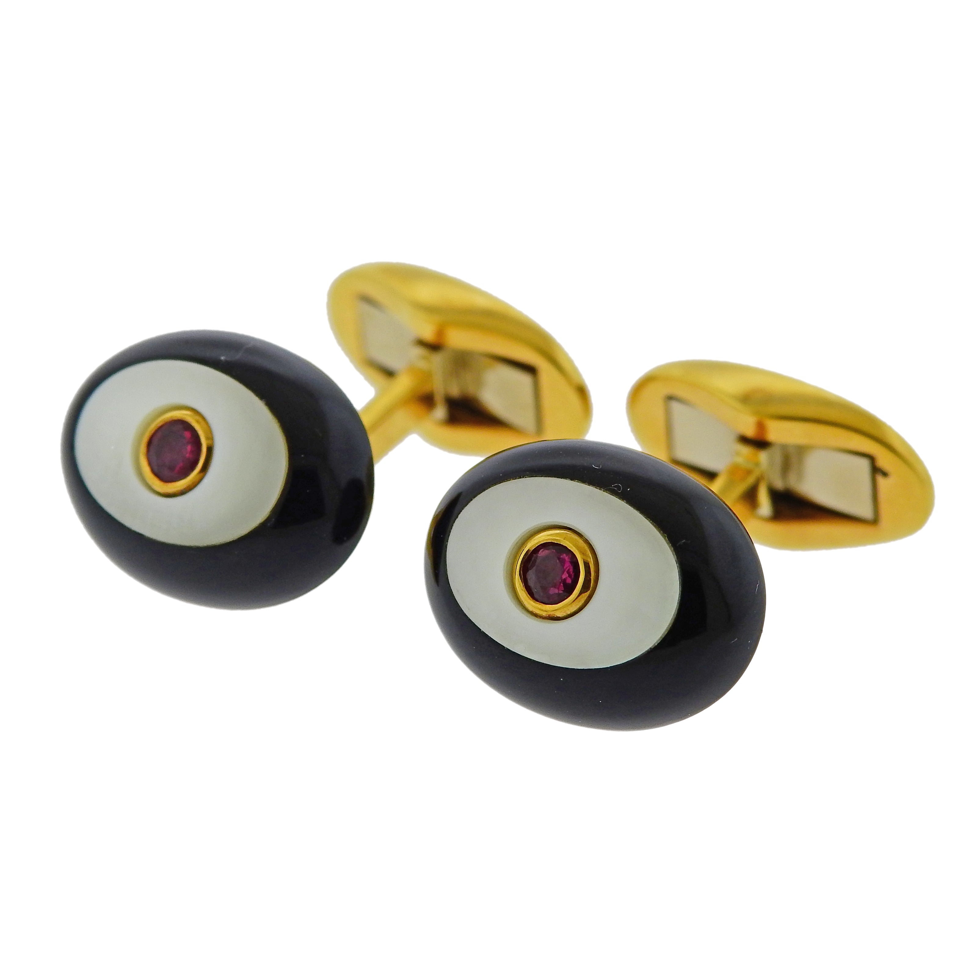 Piaget Ruby Mother of Pearl Onyx Gold Cufflinks - Oak Gem