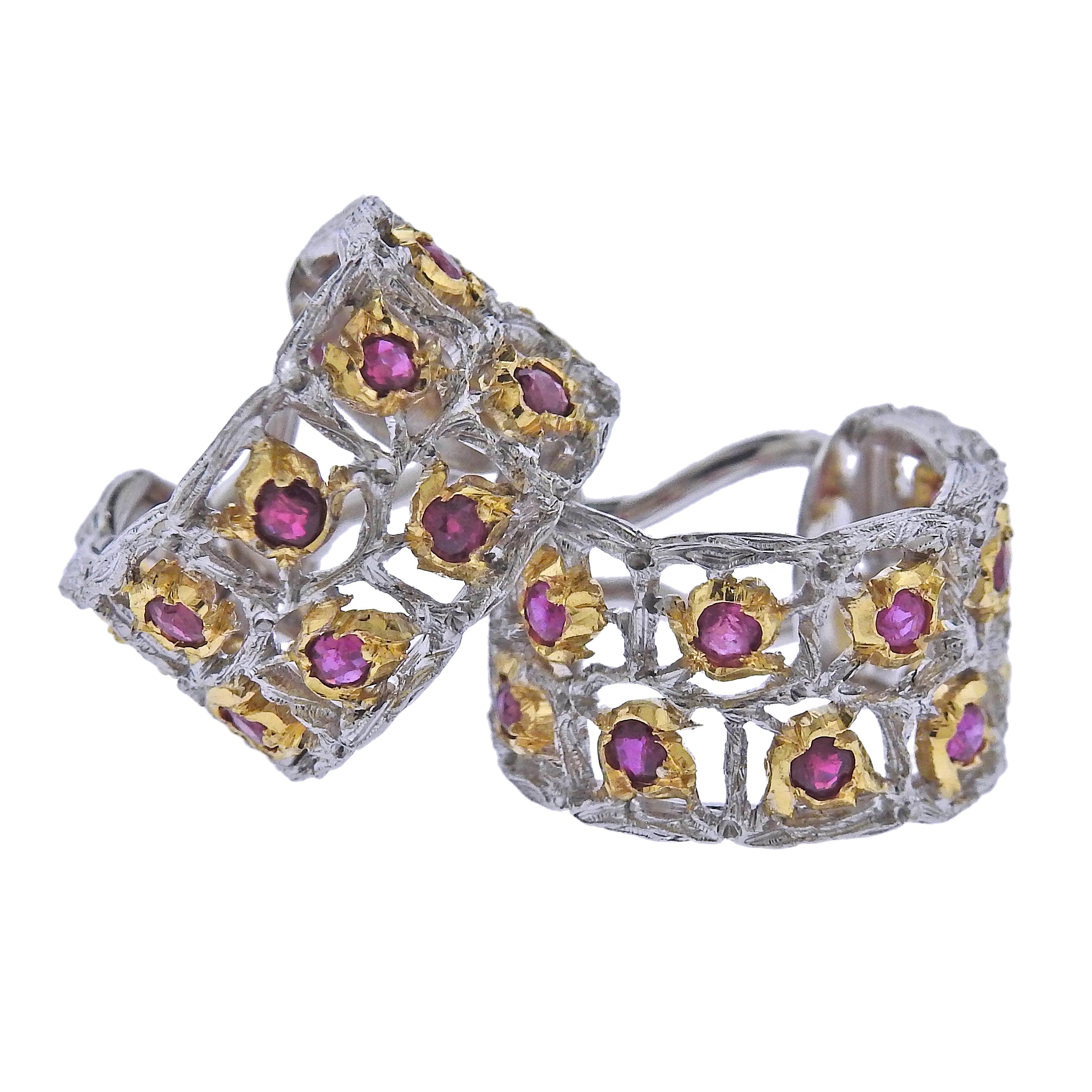 Buccellati Two Color Gold Ruby Wide Hoop Earrings