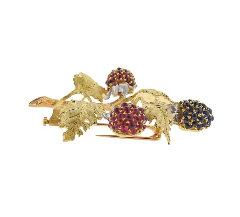 Buccellati Ruby Sapphire Tri Color Gold Brooch Pin - Oak Gem
