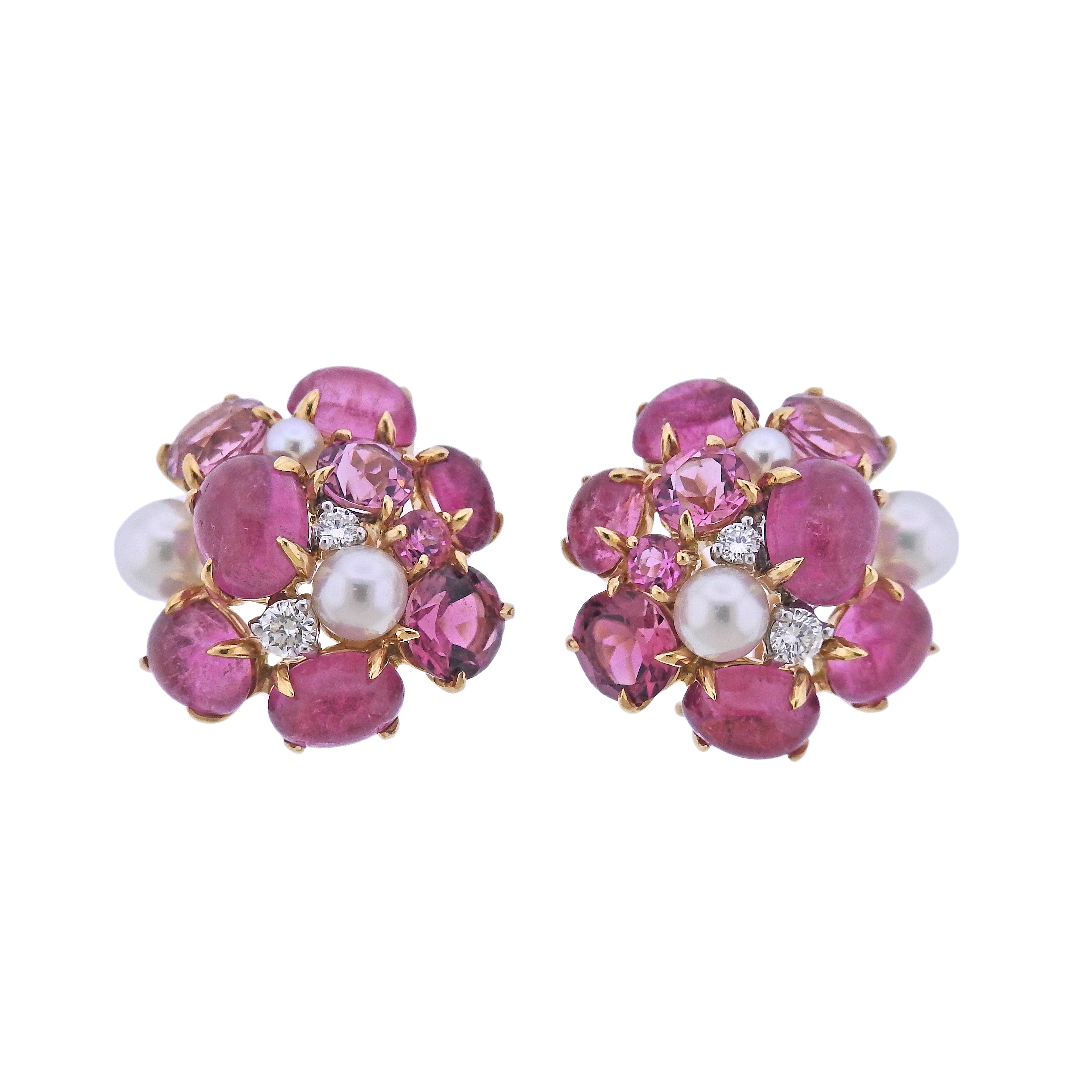 Seaman Schepps Bubble Pink Tourmaline Pearl Diamond Gold Earrings