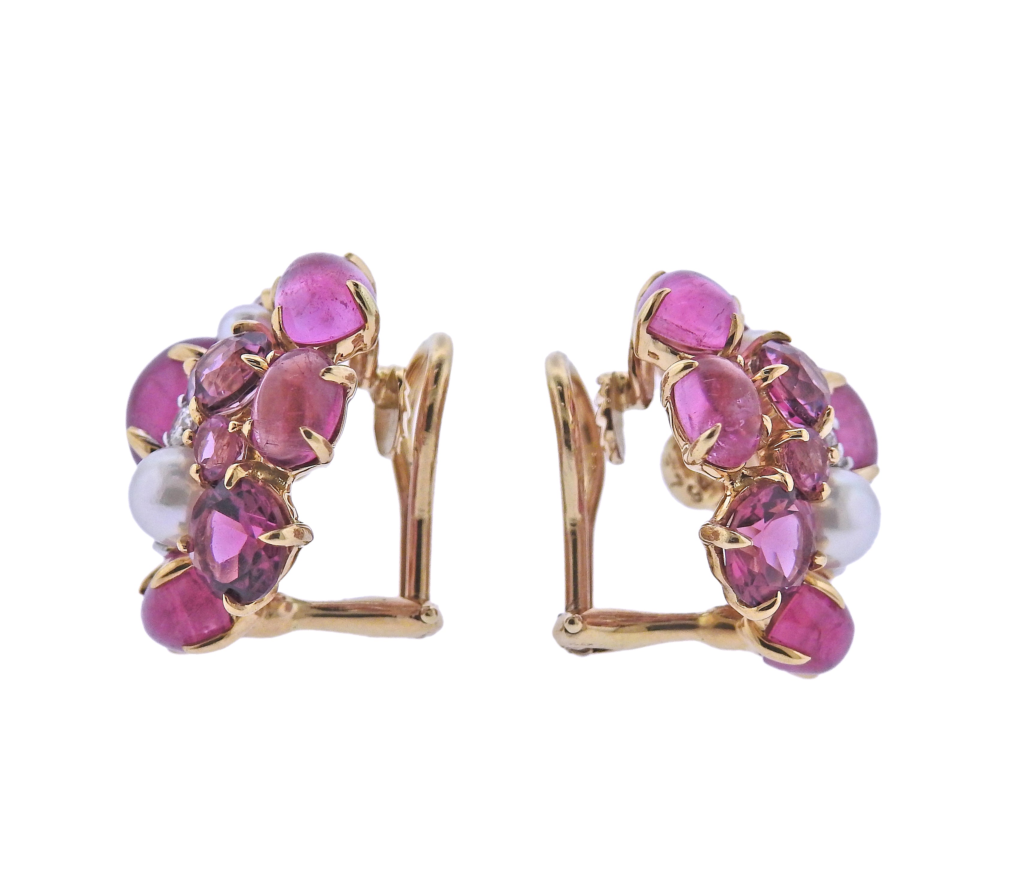 Seaman Schepps Bubble Pink Tourmaline Pearl Diamond Gold Earrings