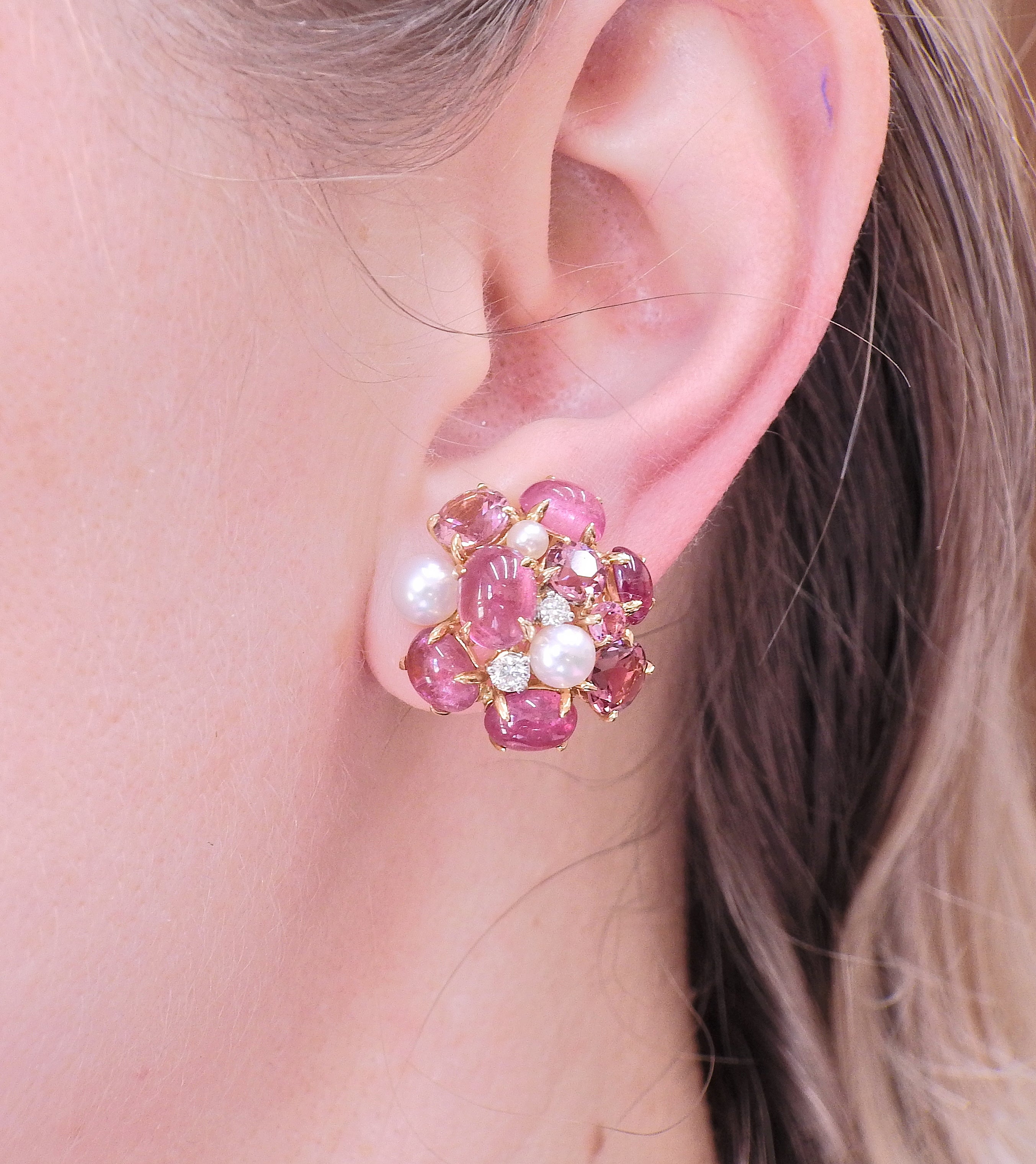 Seaman Schepps Bubble Pink Tourmaline Pearl Diamond Gold Earrings