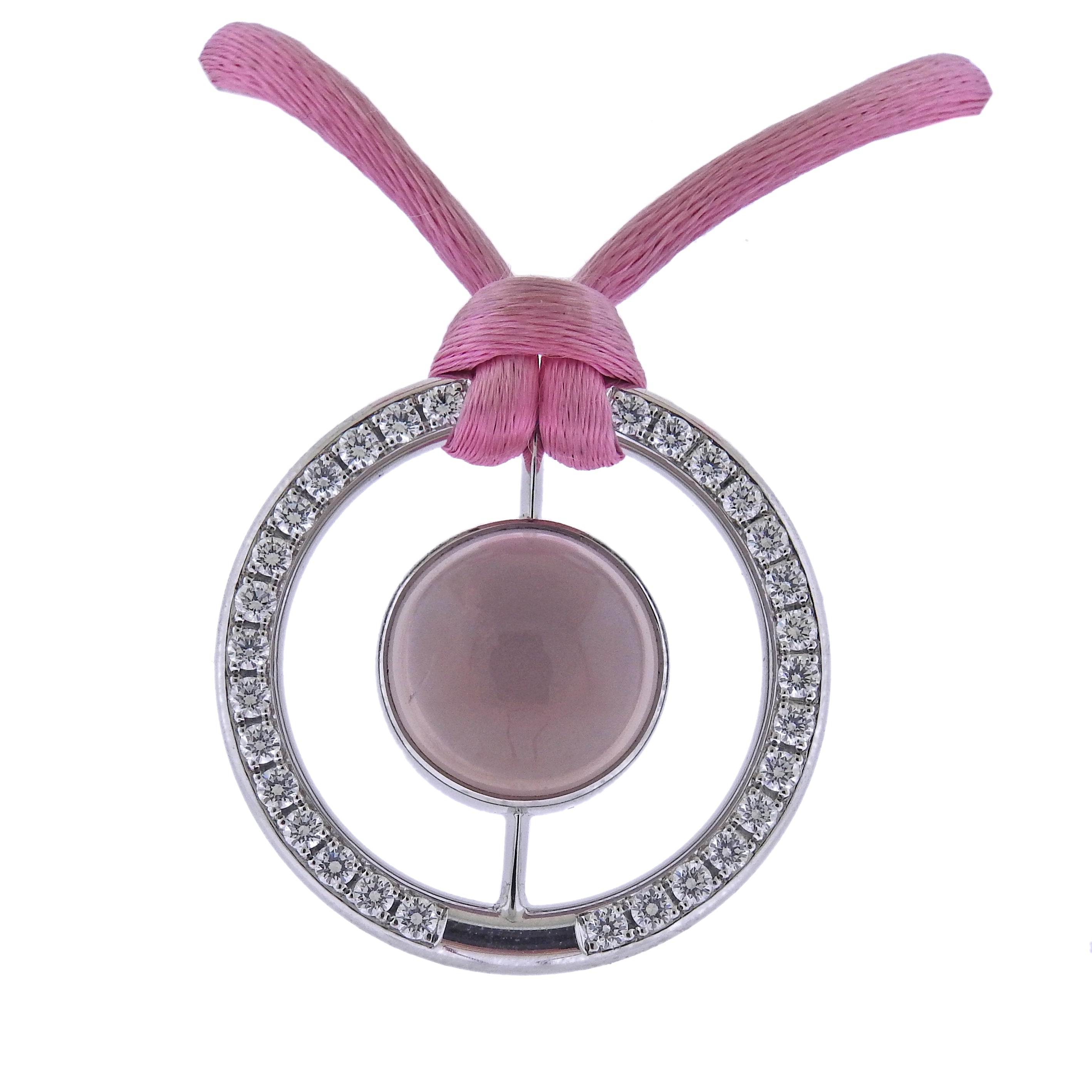 Bucherer Gold Diamond Rose Quartz Pendant Silk Cord Necklace