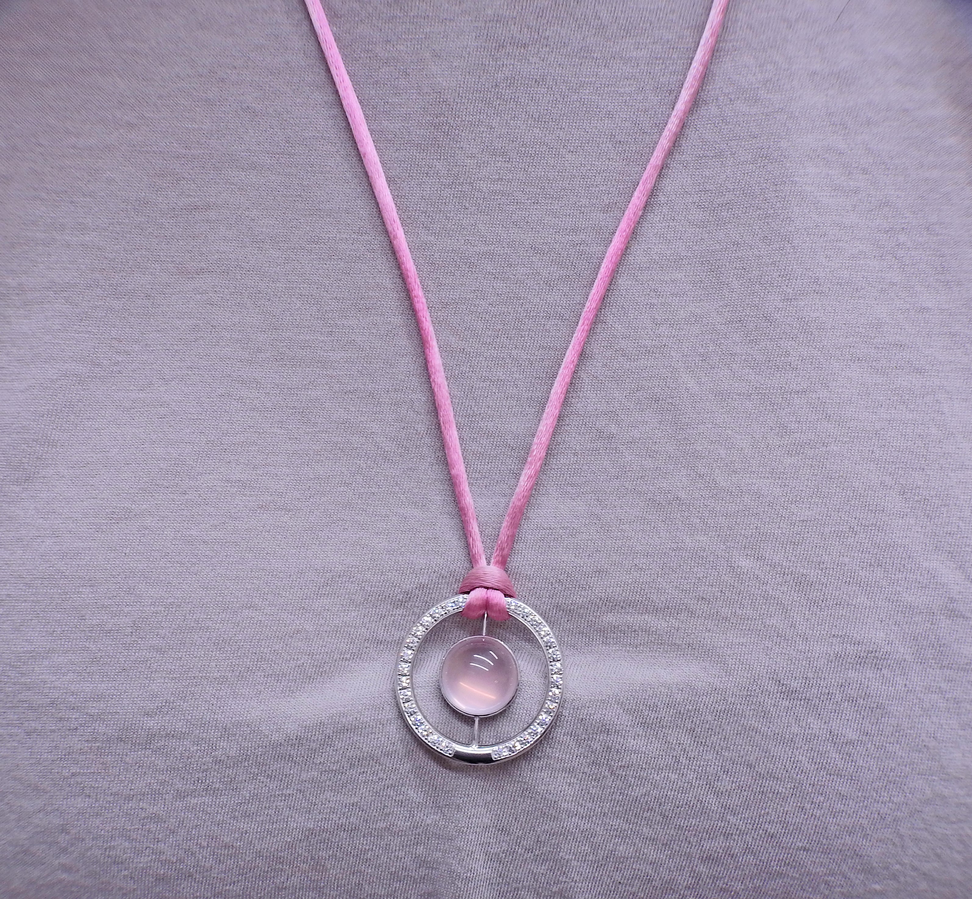 Bucherer Gold Diamond Rose Quartz Pendant Silk Cord Necklace