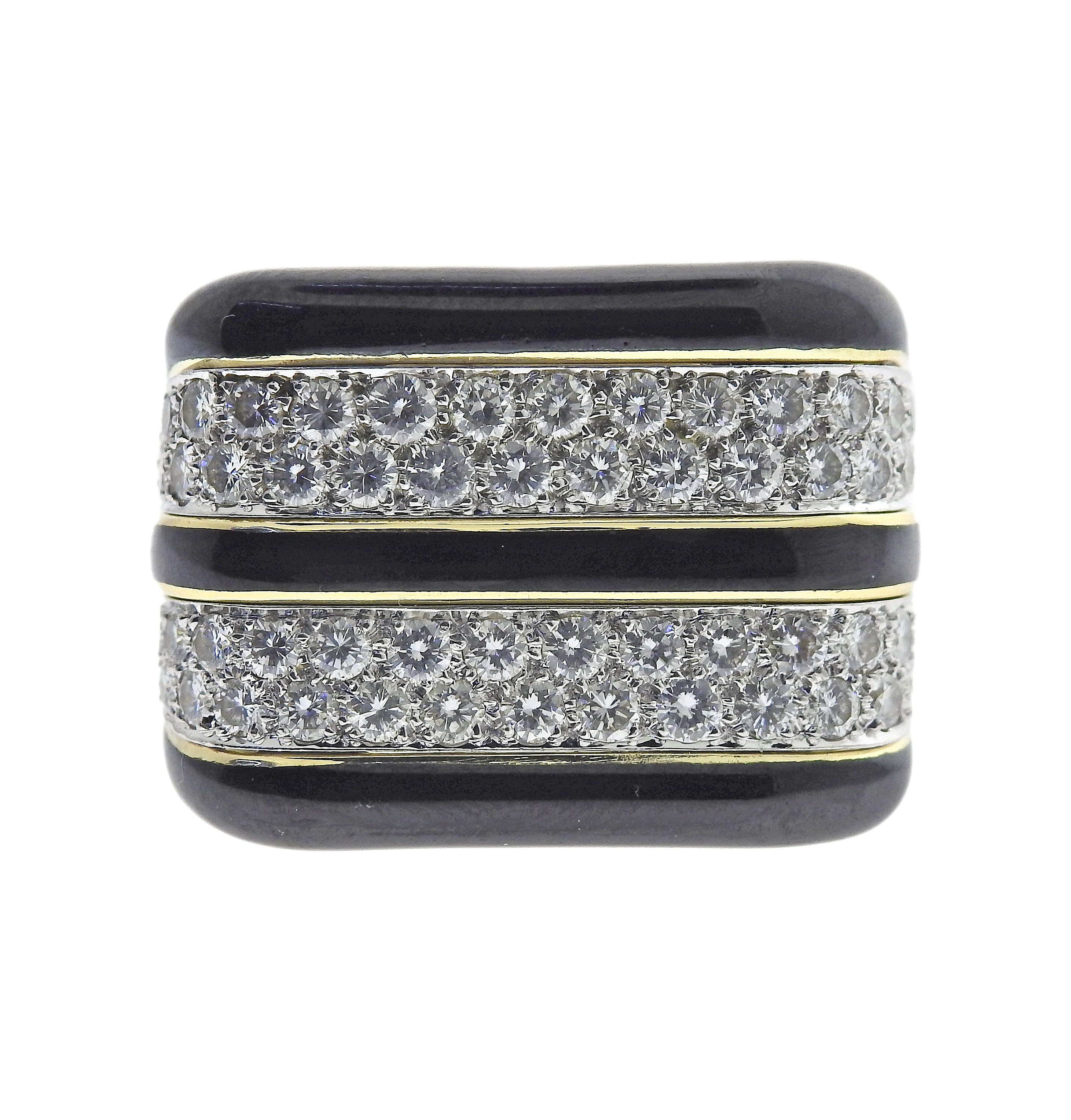 Vintage David Webb Rectilinear Gold Platinum Enamel Diamond Ring