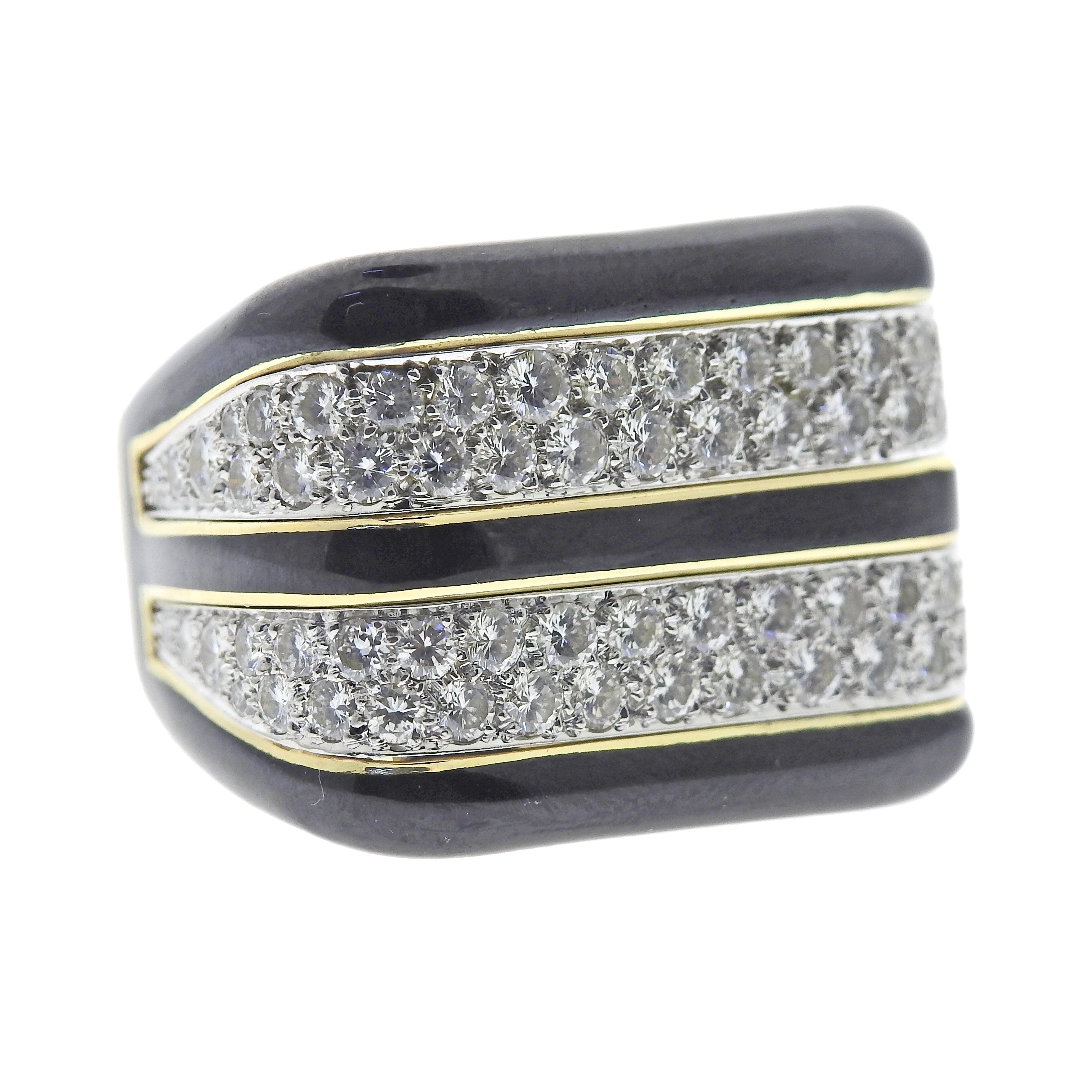 Vintage David Webb Rectilinear Gold Platinum Enamel Diamond Ring