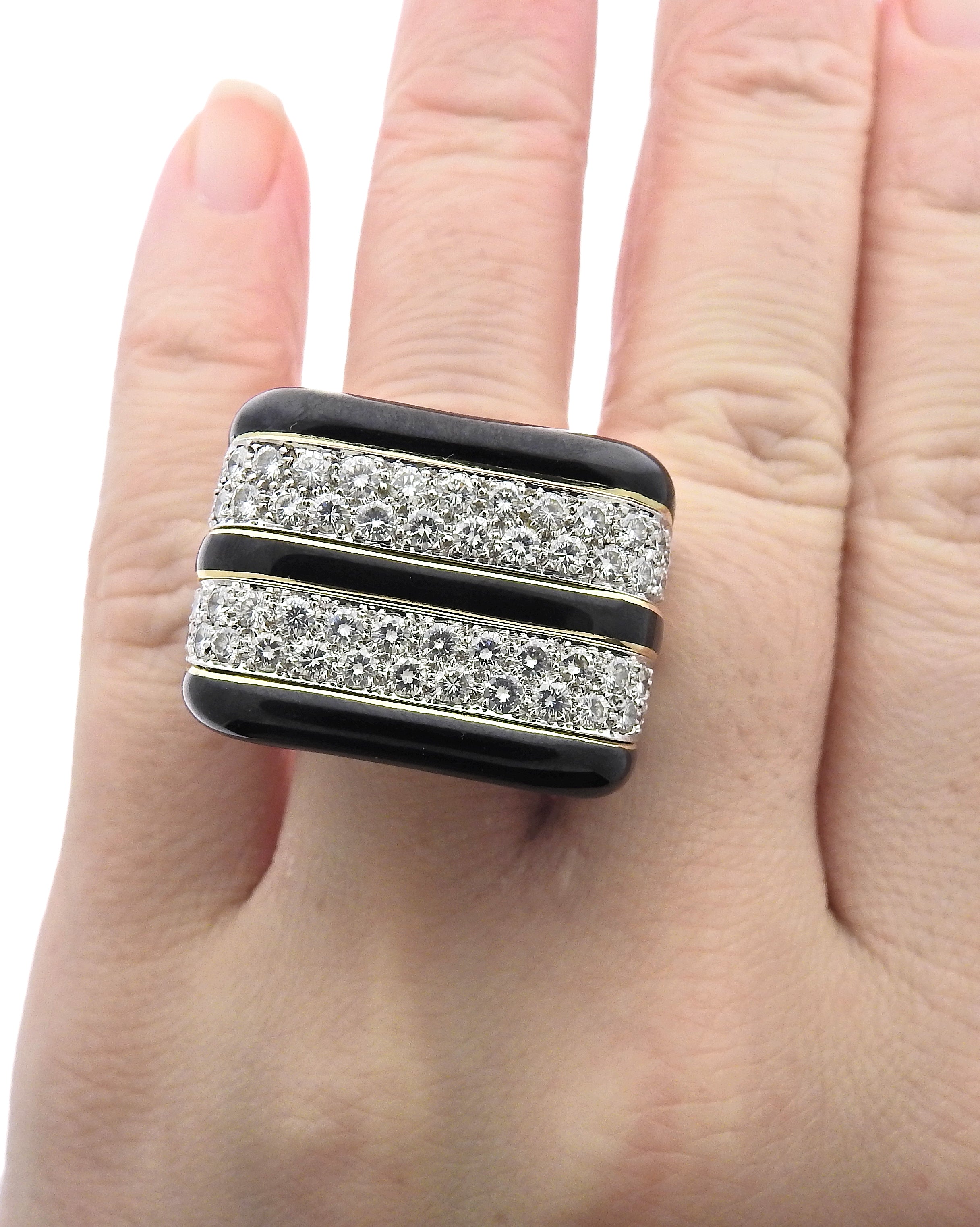 Vintage David Webb Rectilinear Gold Platinum Enamel Diamond Ring