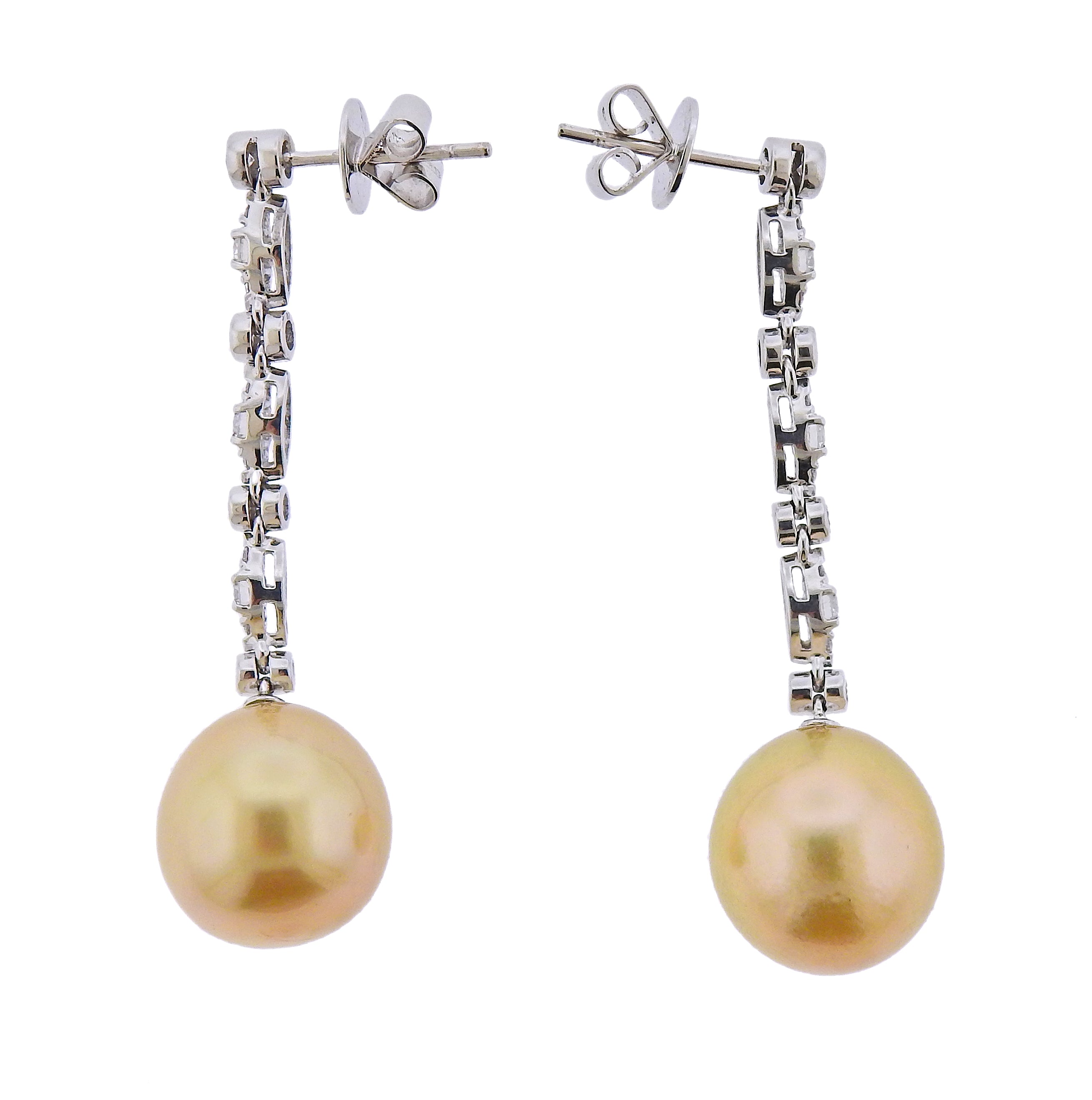 Assael Golden South Sea Pearl Diamond Gold Long Drop Earrings - Oak Gem