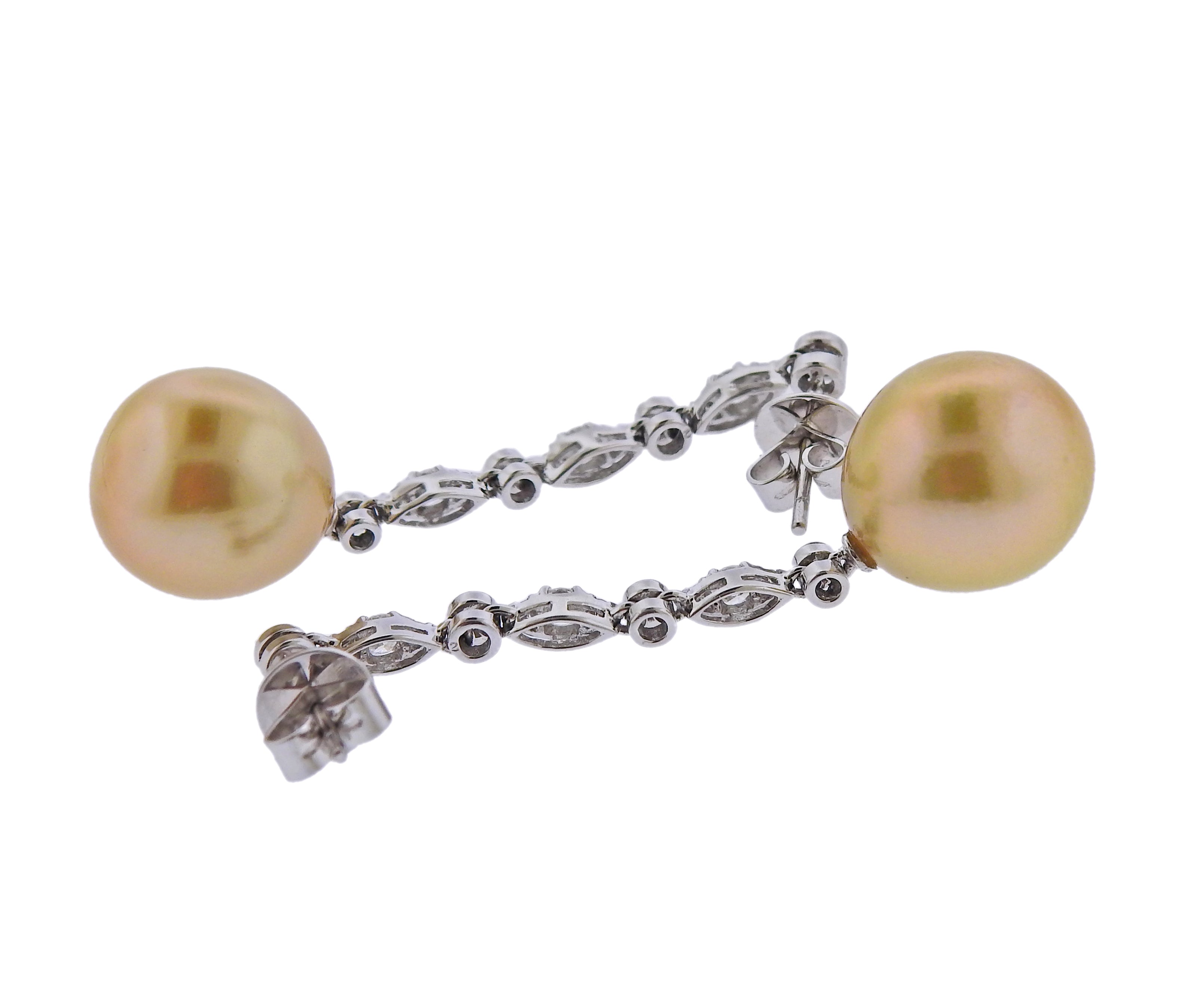 Assael Golden South Sea Pearl Diamond Gold Long Drop Earrings - Oak Gem