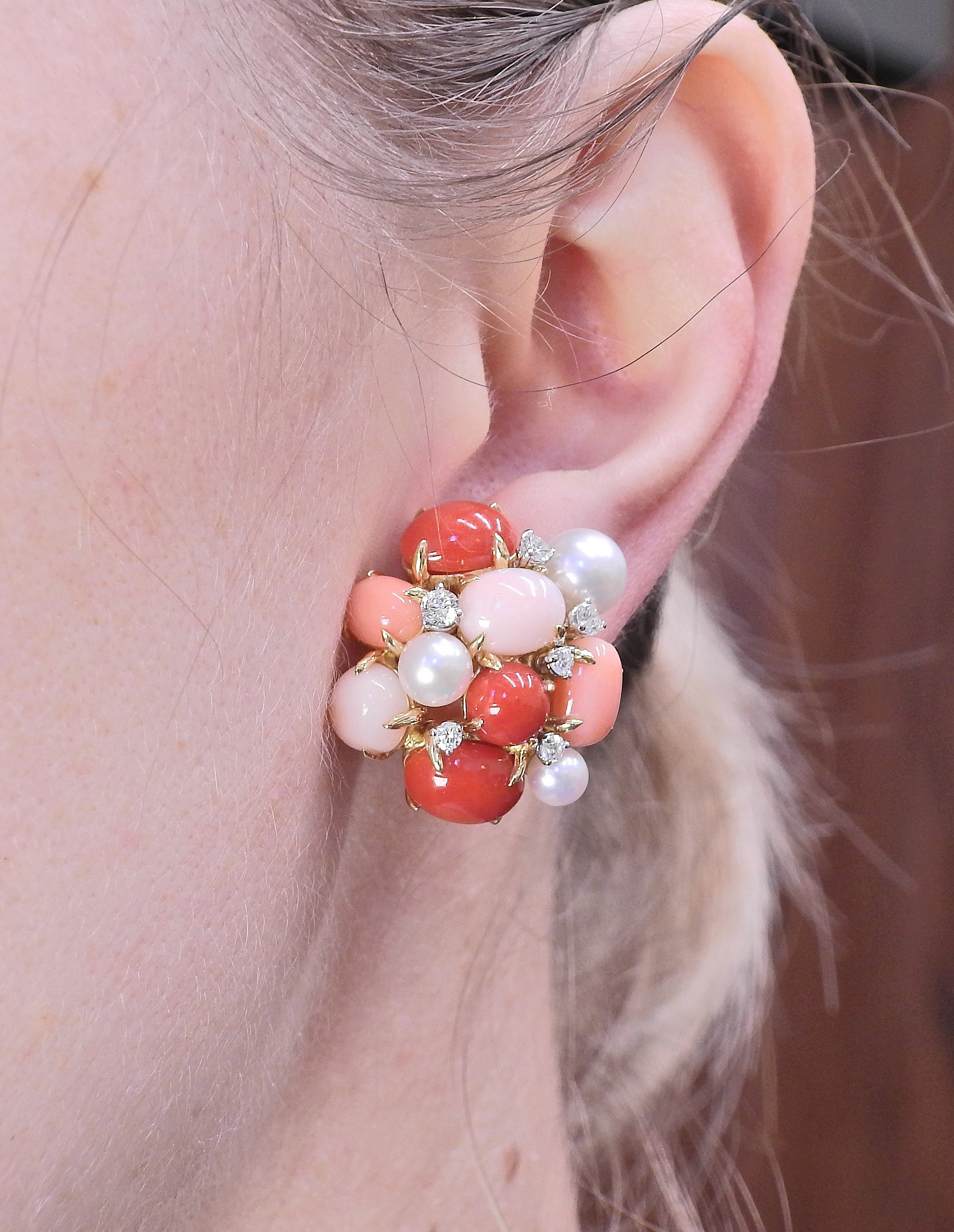 Seaman Schepps Large Bubble Coral Diamond Pearl Gold Earrings