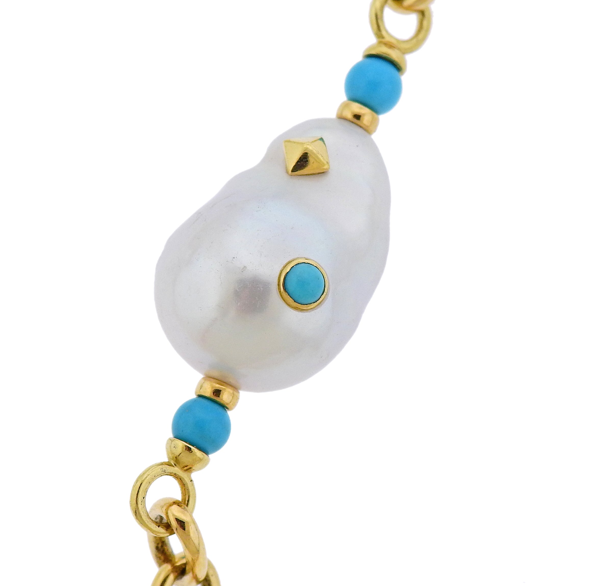 Trianon Lisbon Baroque Pearl Turquoise Gold Long Necklace - Oak Gem