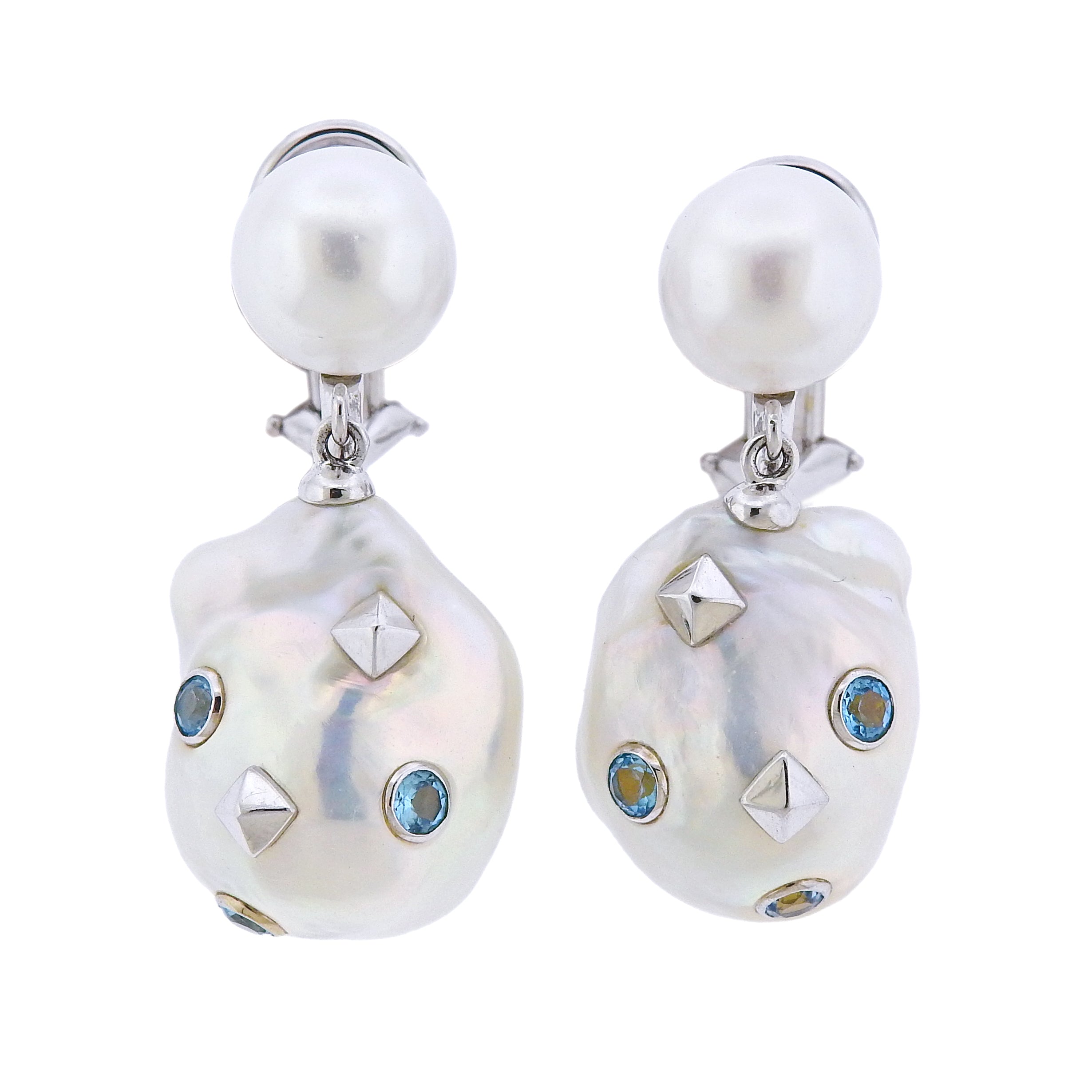 Trianon Lisbon Baroque Pearl Topaz Gold Drop Earrings - Oak Gem