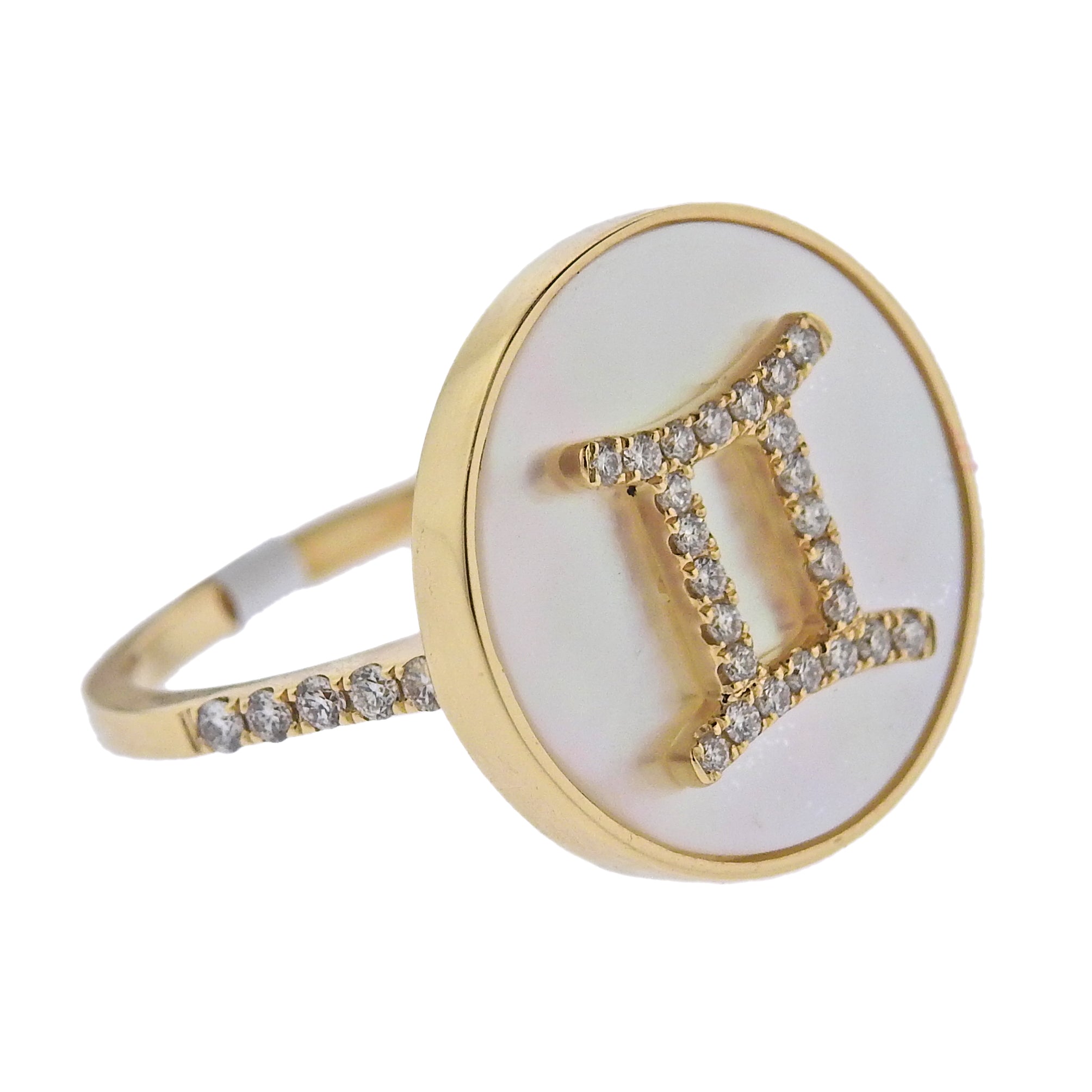 Doves Doron Paloma Gemini Zodiac Diamond Gold Mother of Pearl Ring