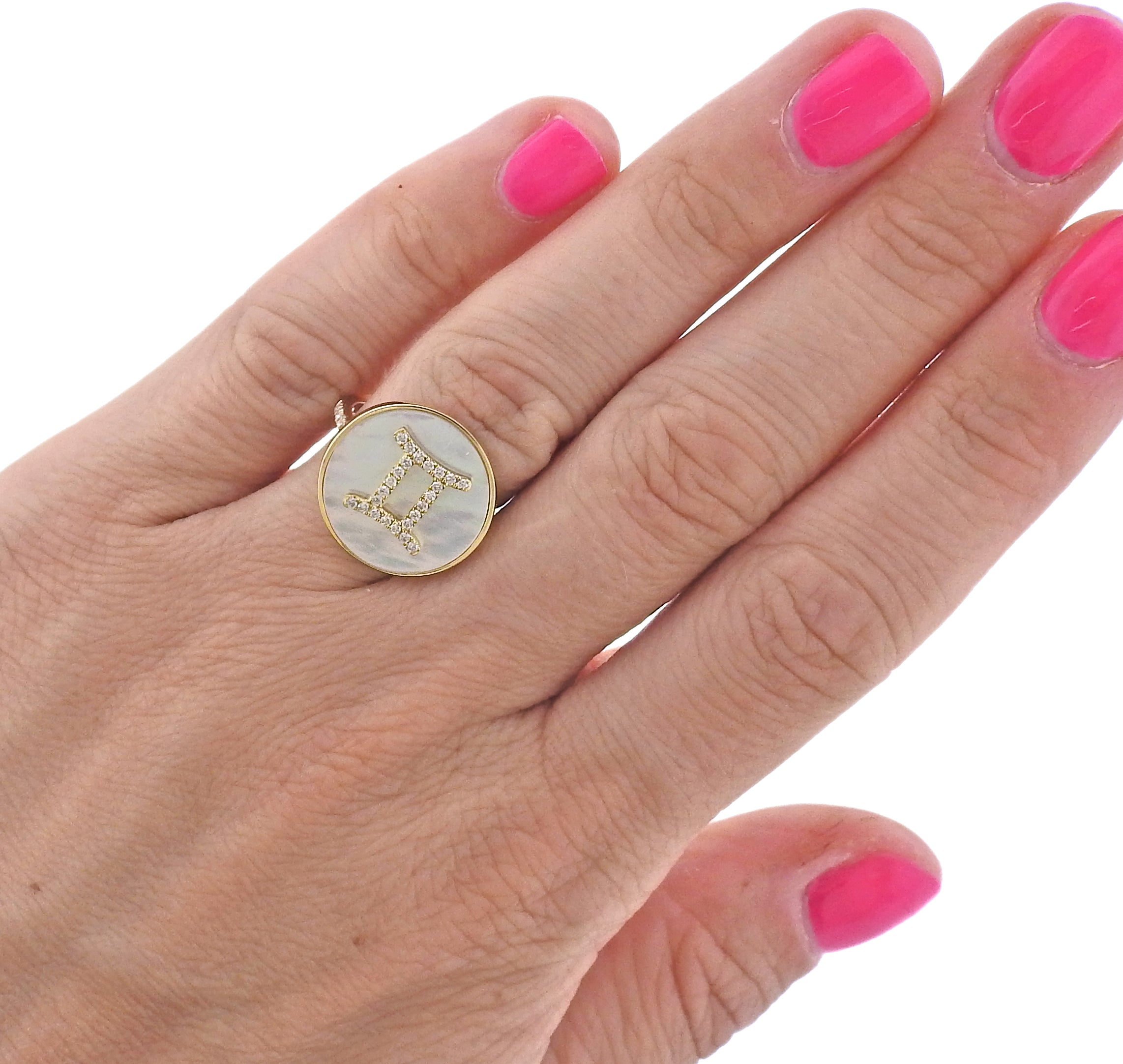 Doves Doron Paloma Gemini Zodiac Diamond Gold Mother of Pearl Ring