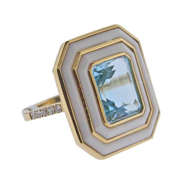 Doves Doron Paloma Diamond Gold Blue Topaz Agate Ring