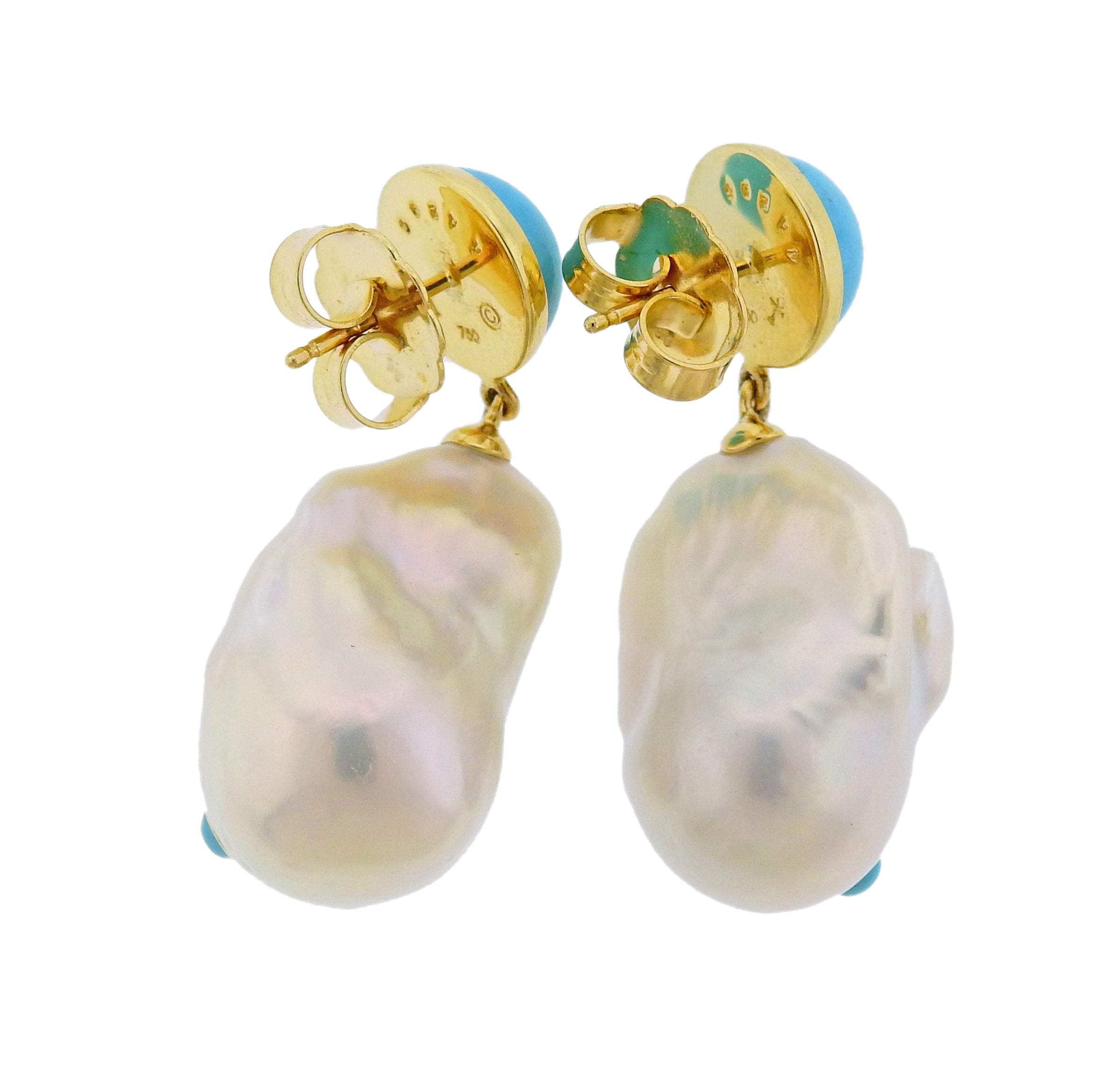 Trianon Lisbon Baroque Pearl Turquoise Gold Drop Earrings - Oak Gem