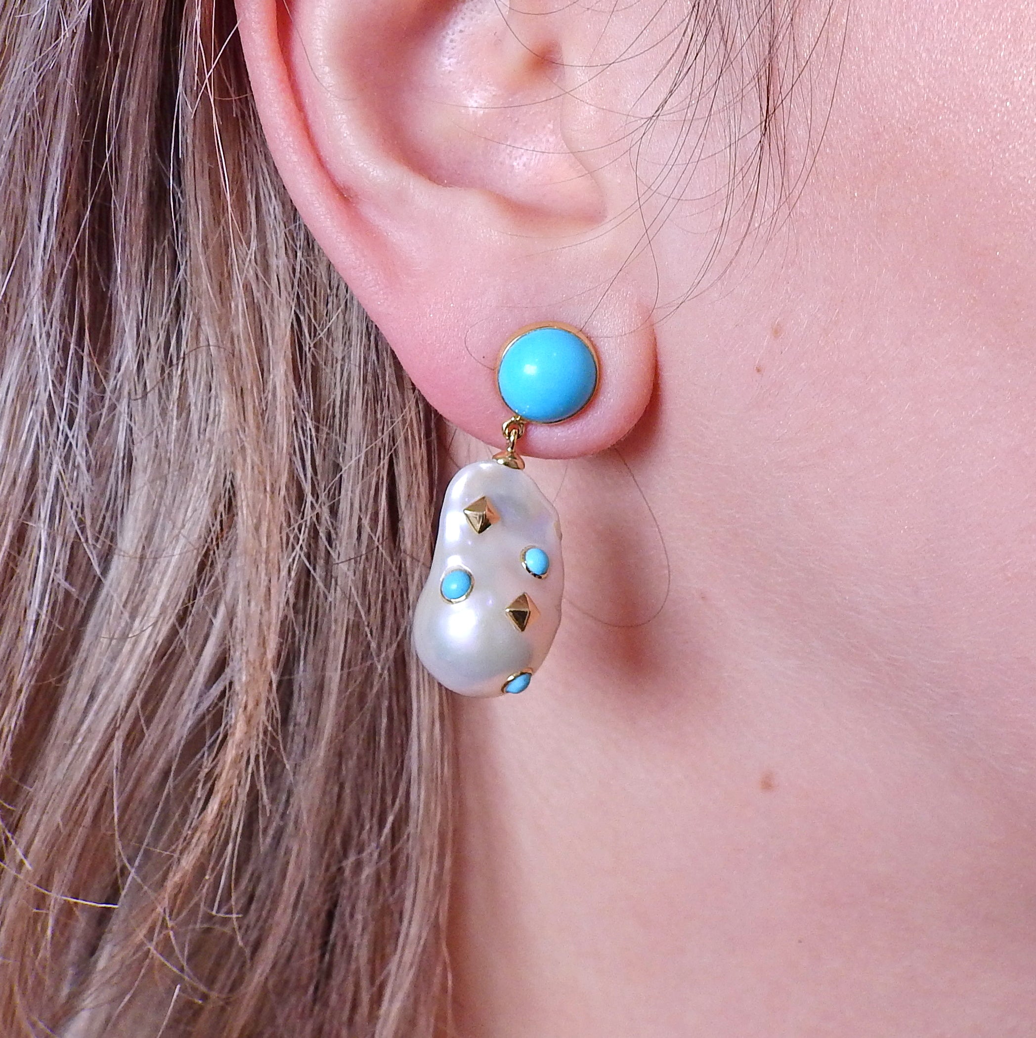 Trianon Lisbon Baroque Pearl Turquoise Gold Drop Earrings - Oak Gem