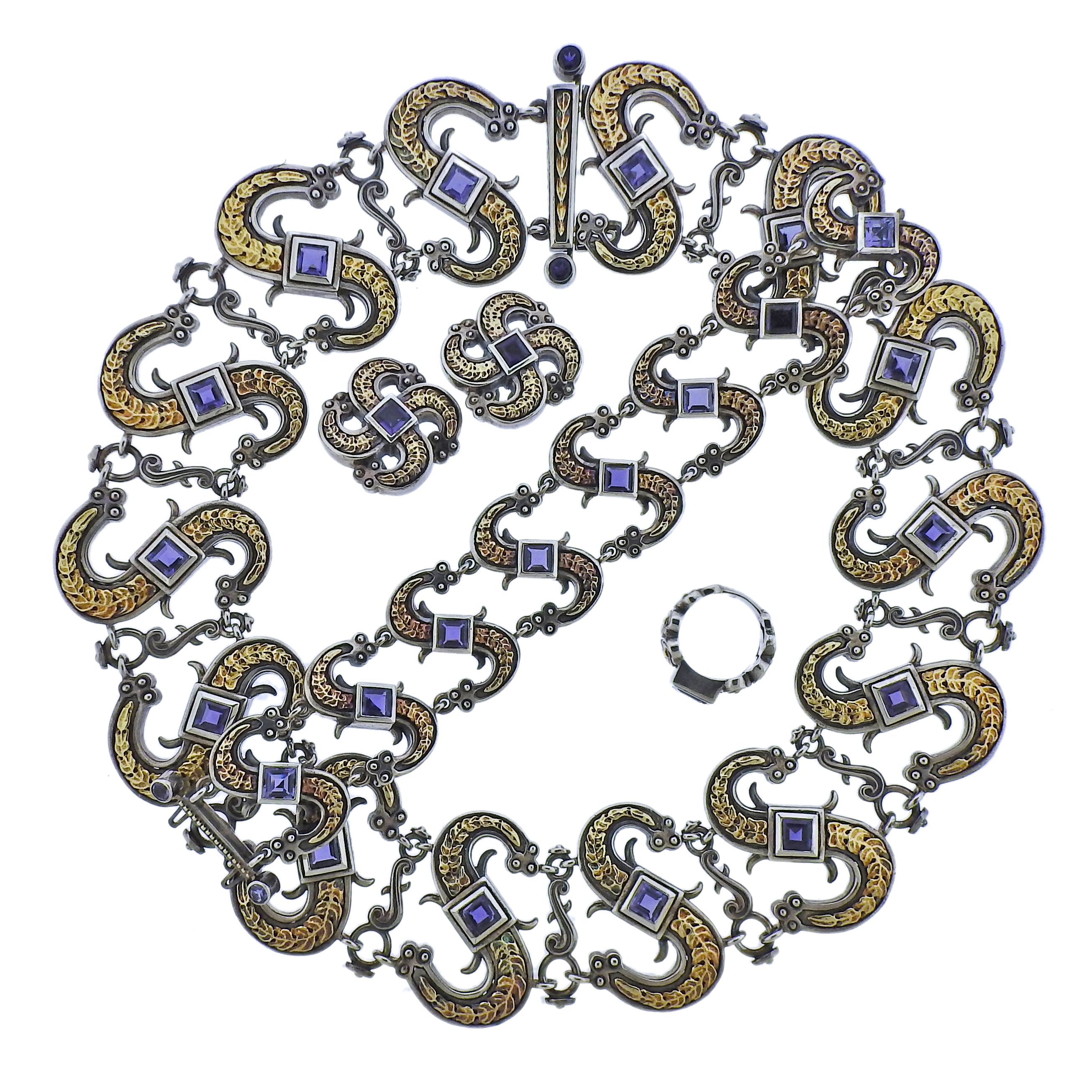 Mitchell Peck Silver Gold Iolite Necklace Bracelet Earrings Brooch Suite - Oak Gem