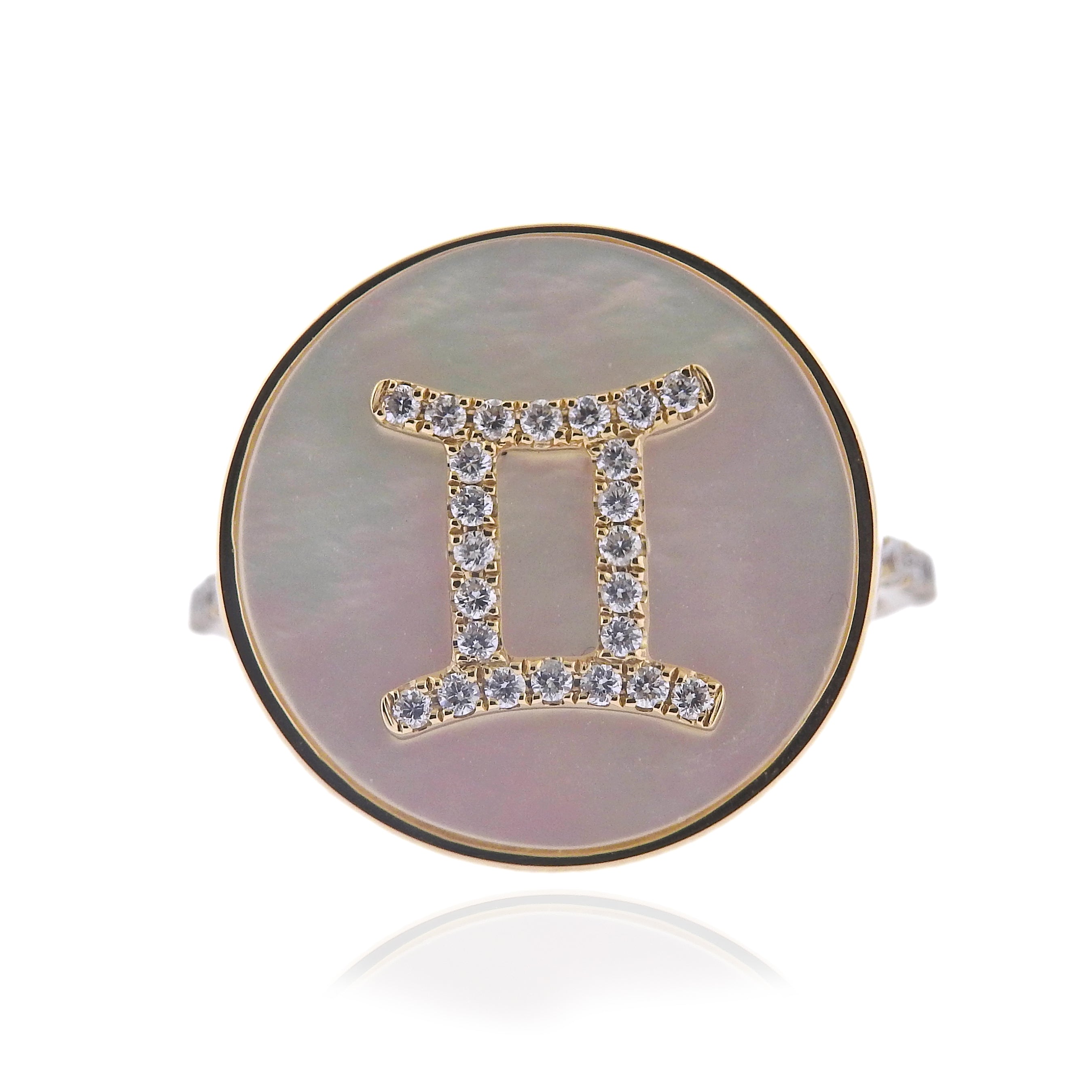 Doves Doron Paloma Gemini Zodiac Diamond Gold Mother of Pearl Ring