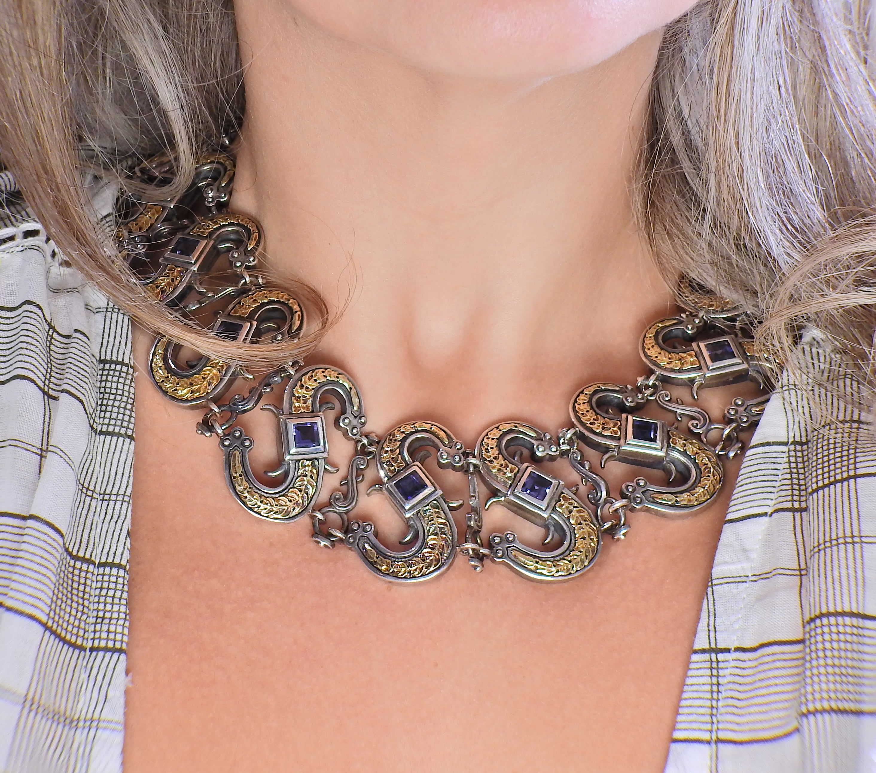 Mitchell Peck Silver Gold Iolite Necklace Bracelet Earrings Brooch Suite - Oak Gem