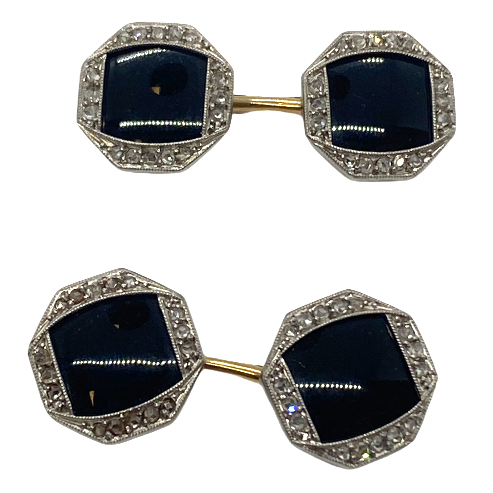 Art Deco Onyx Rose Cut Diamond Gold Platinum Cufflinks