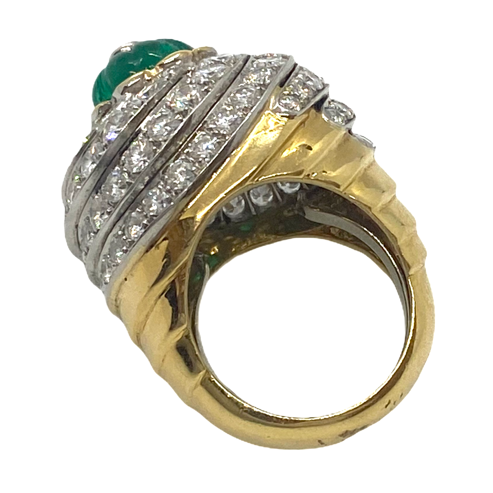 Impressive David Webb Gold Platinum 8ctw Diamond Carved Emerald Ring