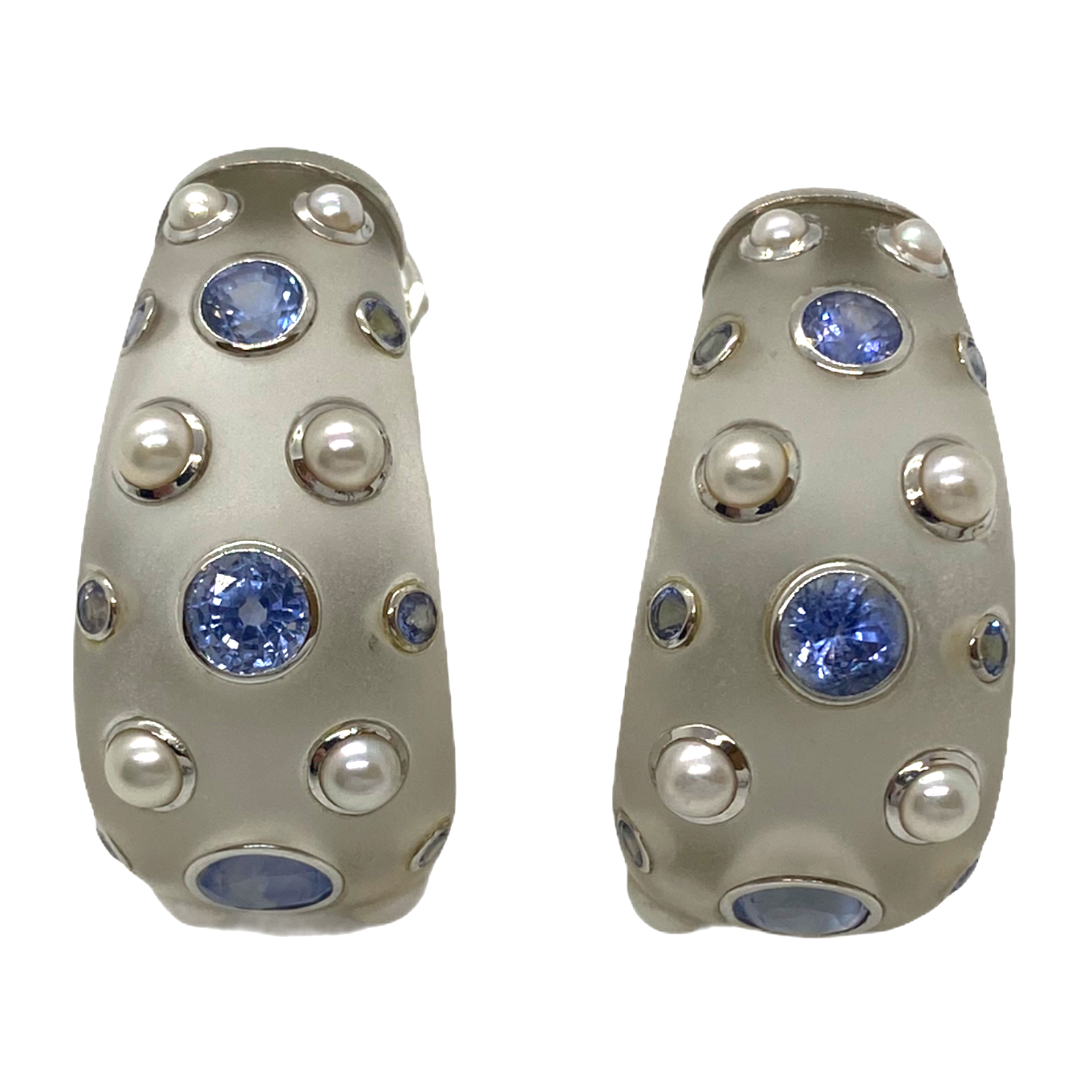 Large Trianon Frosted Crystal Pearl Iolite 18K Gold Half Hoop Earrings