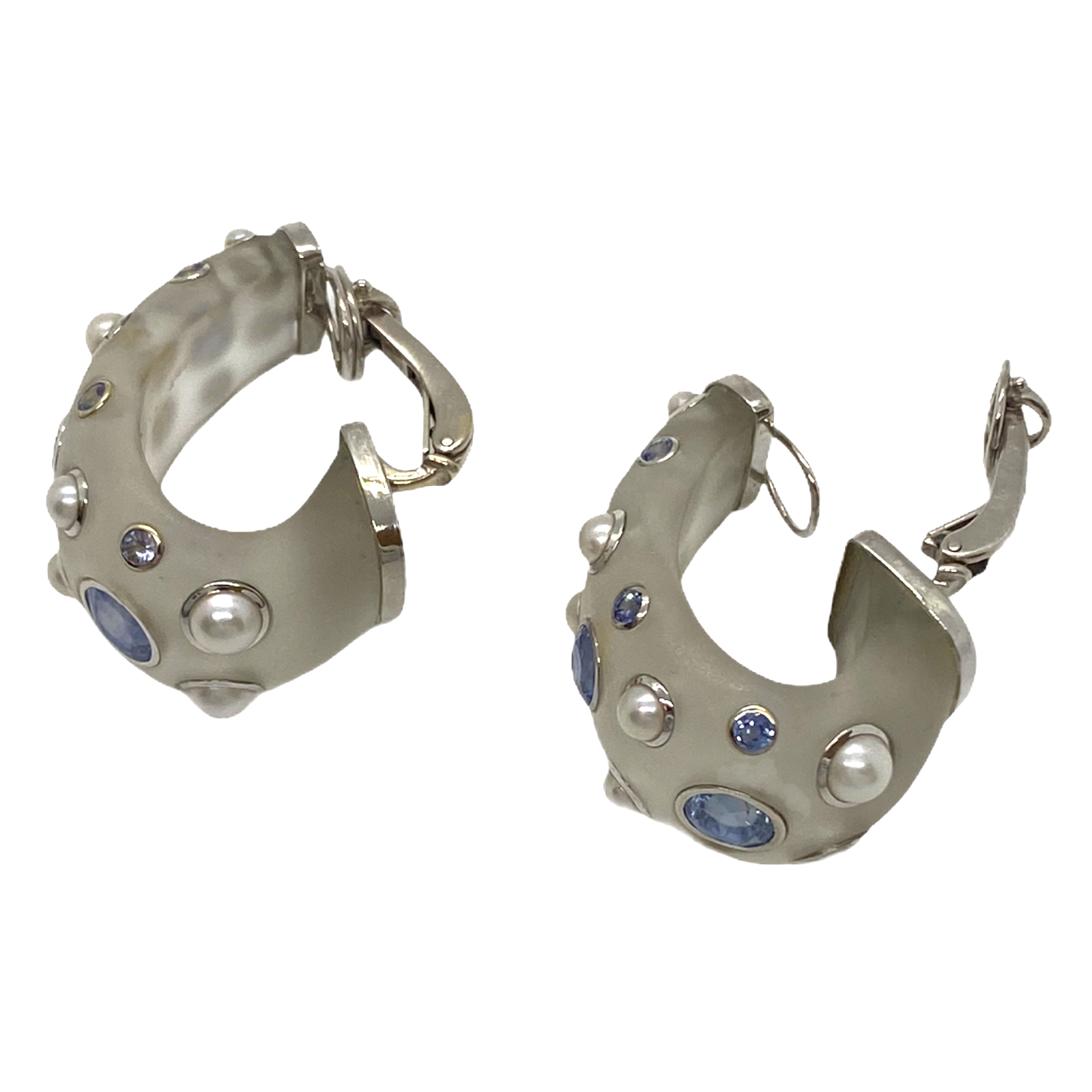 Large Trianon Frosted Crystal Pearl Iolite 18K Gold Half Hoop Earrings