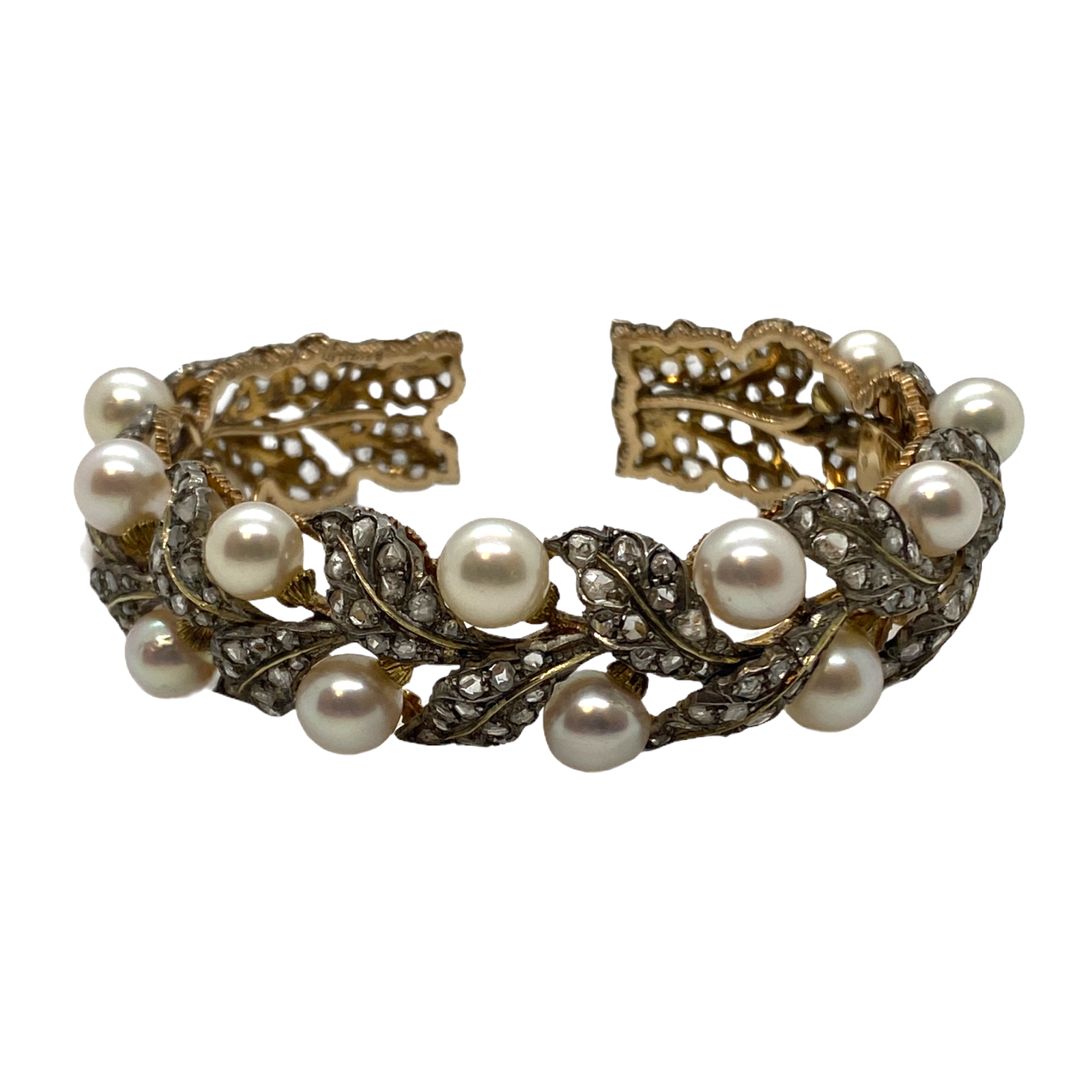 Buccellati Gold Silver Rose Cut Diamond Pearl Leaf Motif Cuff Bracelet
