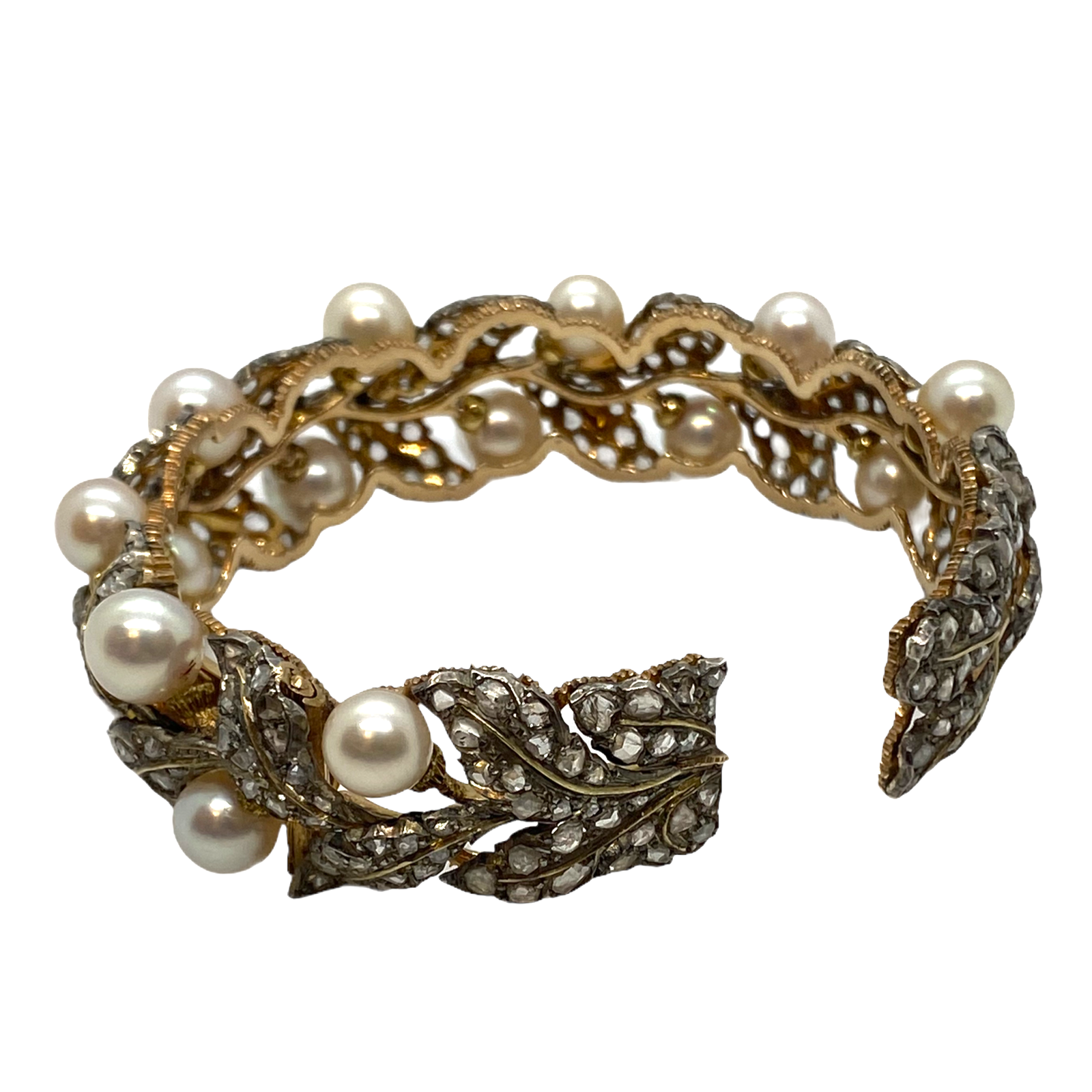 Buccellati Gold Silver Rose Cut Diamond Pearl Leaf Motif Cuff Bracelet
