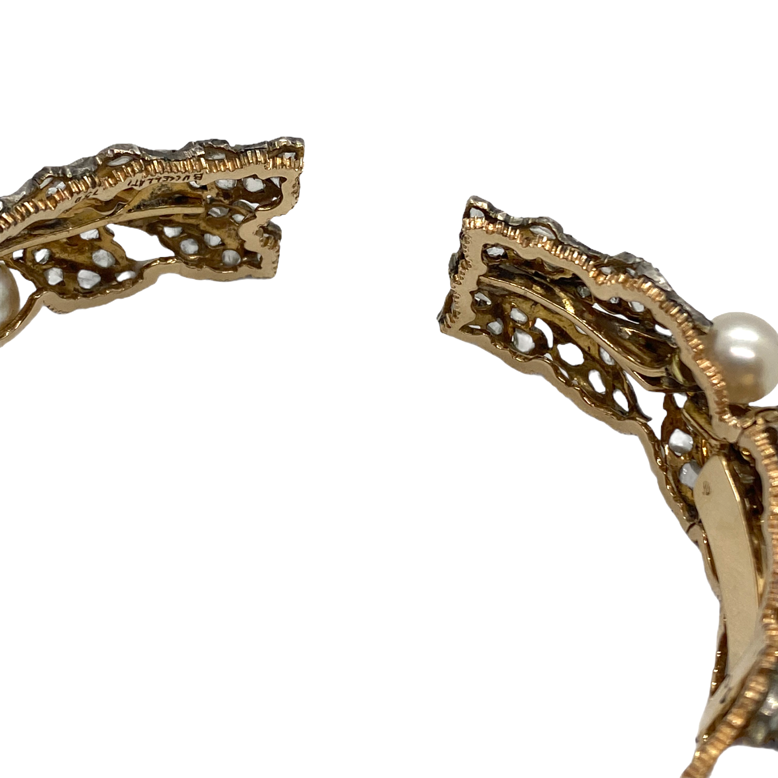 Buccellati Gold Silver Rose Cut Diamond Pearl Leaf Motif Cuff Bracelet