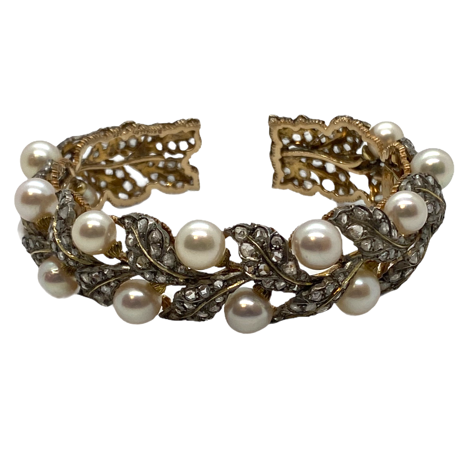 Buccellati Gold Silver Rose Cut Diamond Pearl Leaf Motif Cuff Bracelet