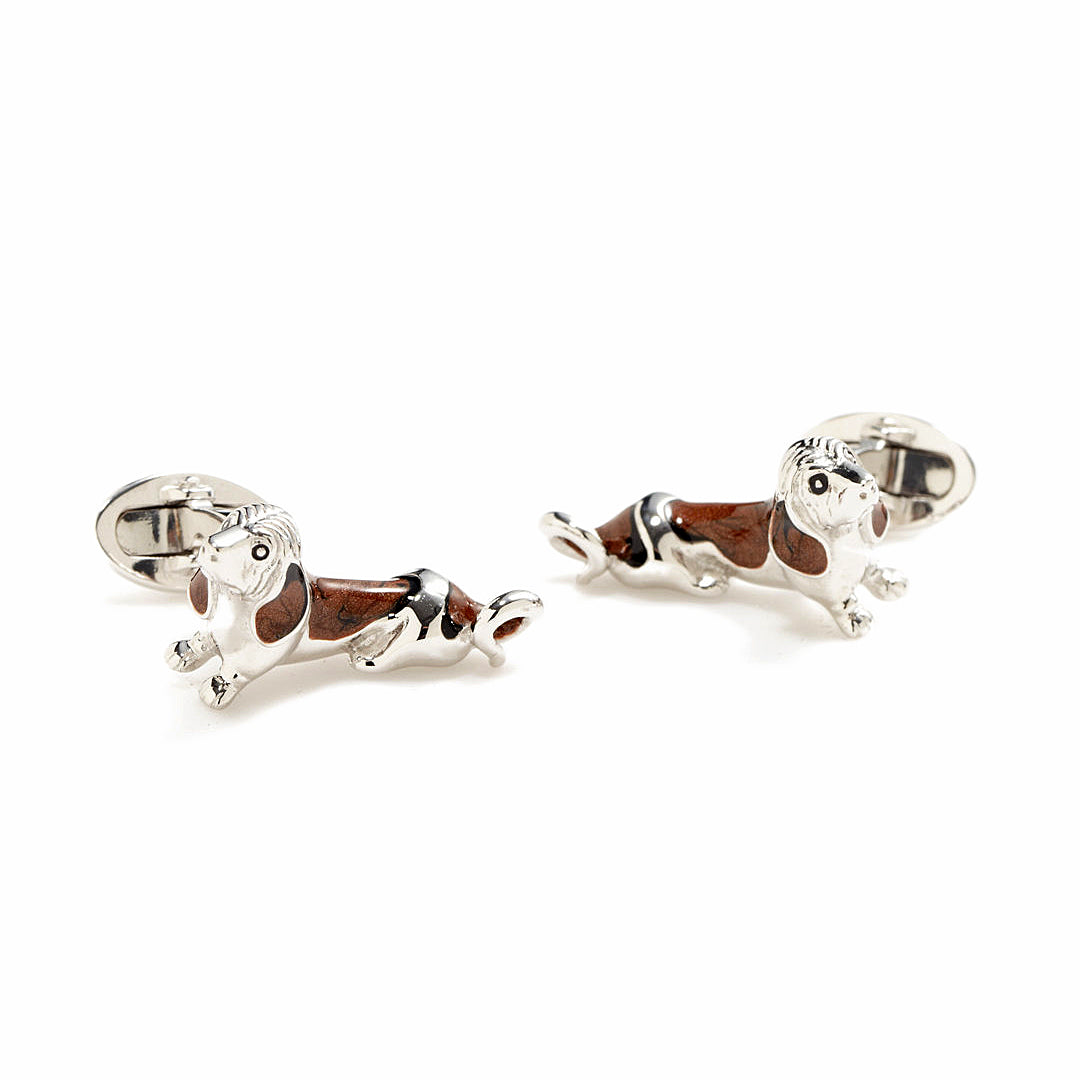 Jan Leslie Basset Hound Silver Enamel Dog Cufflinks - Oak Gem