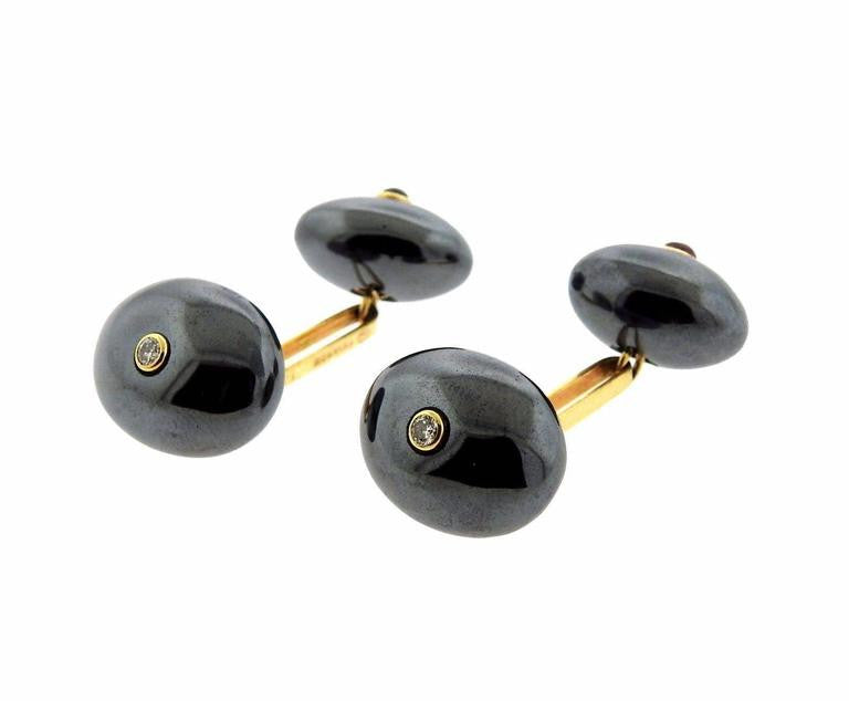 Trianon Hematite Ruby Diamond Gold Cufflinks - Oakgem.com