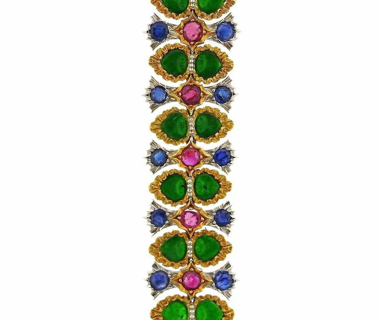 Buccellati Important Carved Jade Ruby Sapphire Gold Bracelet - Oak Gem