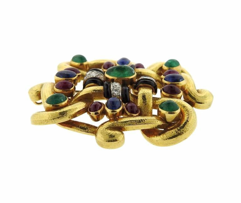 Impressive David Webb Diamond Gemstone Gold Platinum Brooch Pendant - Oakgem.com