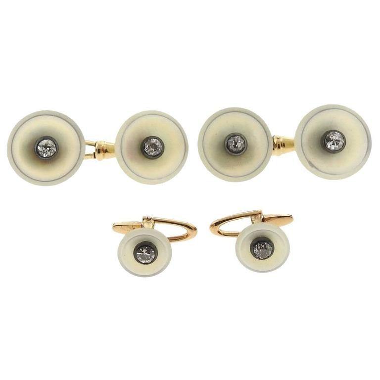 Continental Art Deco Mother of Pearl Diamond Gold Cufflinks Stud Dress Set