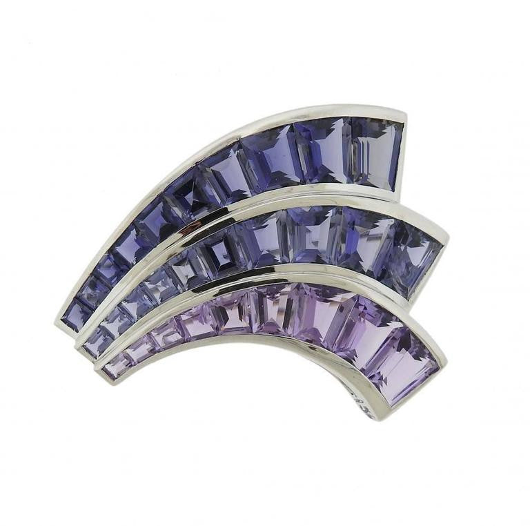 Seaman Schepps Large Iolite Amethyst Gold Fan Brooch Set - Oak Gem
