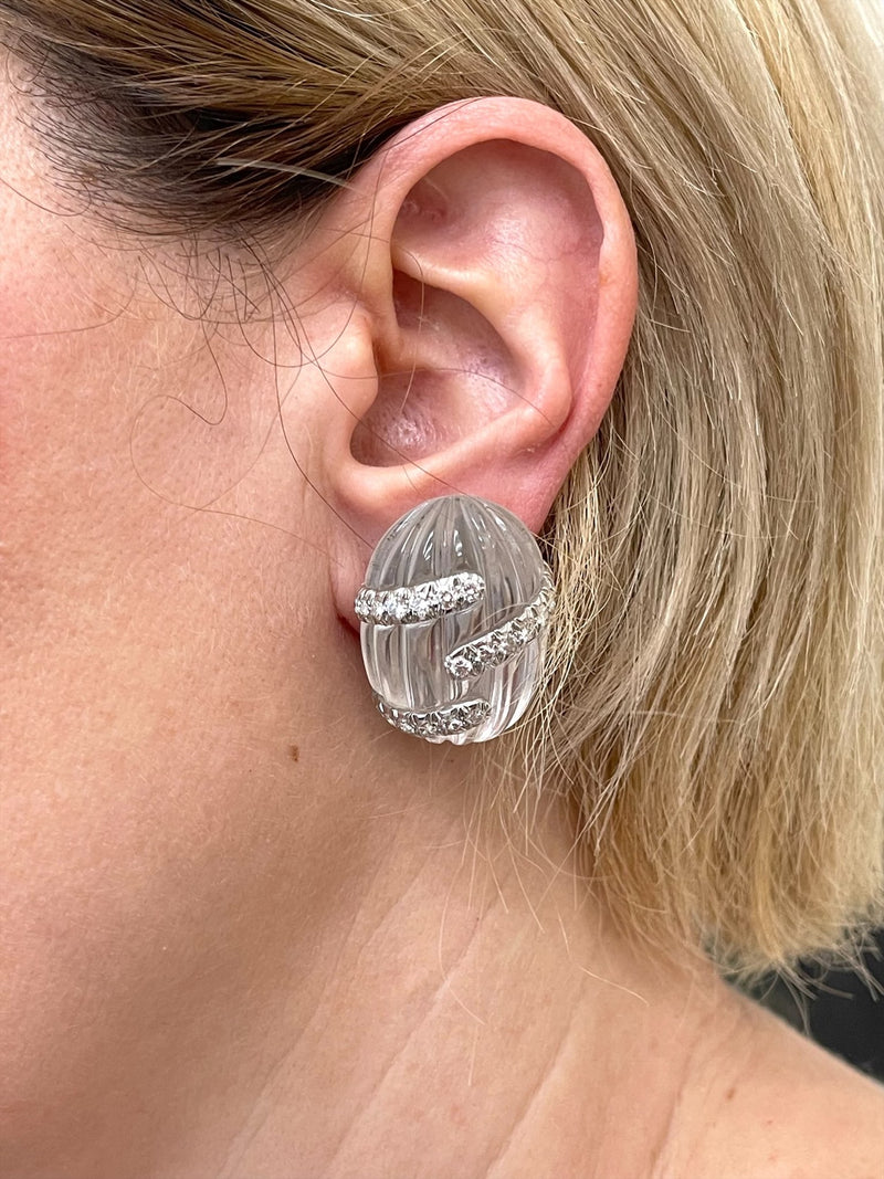 David Webb Carved Crystal Diamond Gold Platinum Earrings