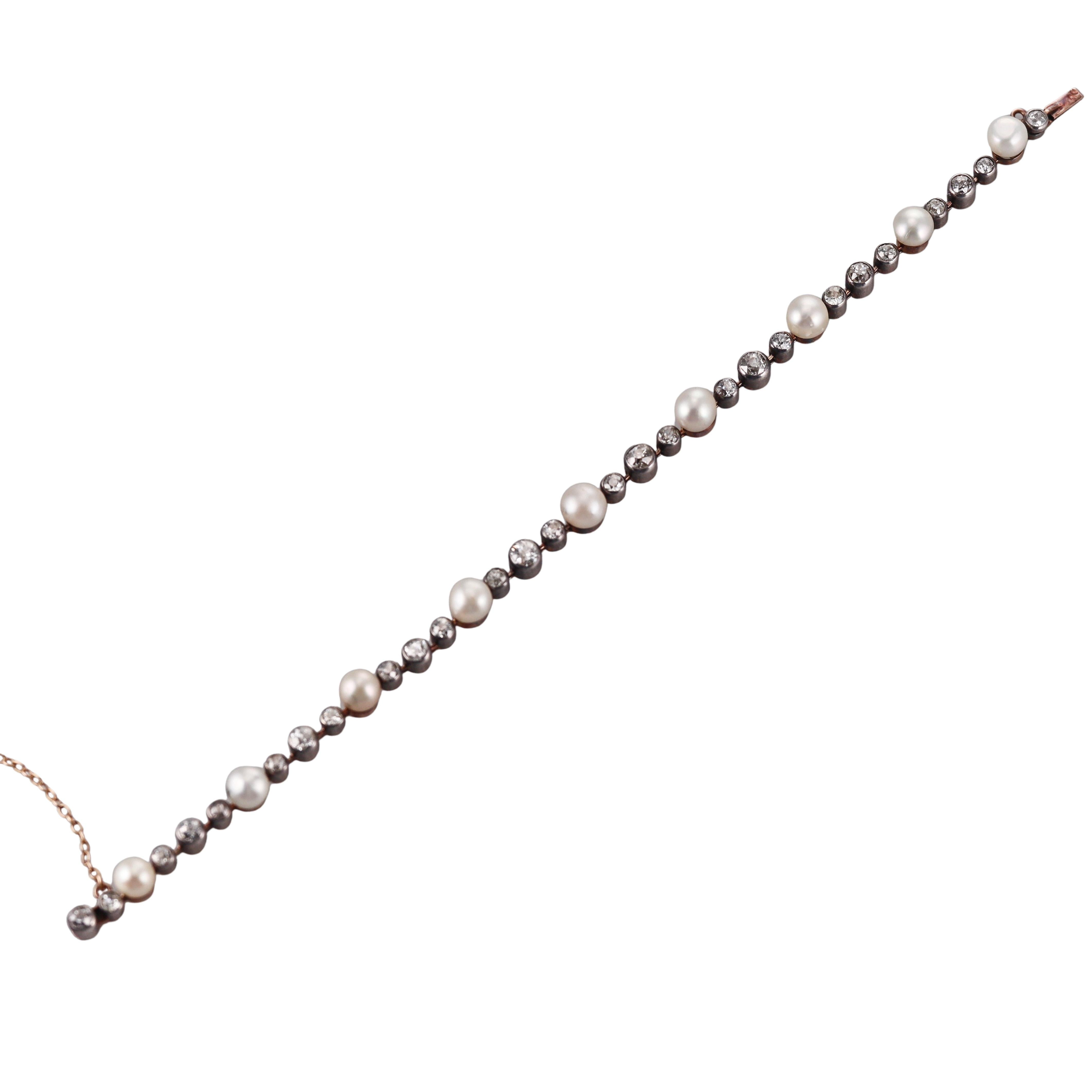 GIA Natural Pearl Antique Gold Silver Diamond Bracelet