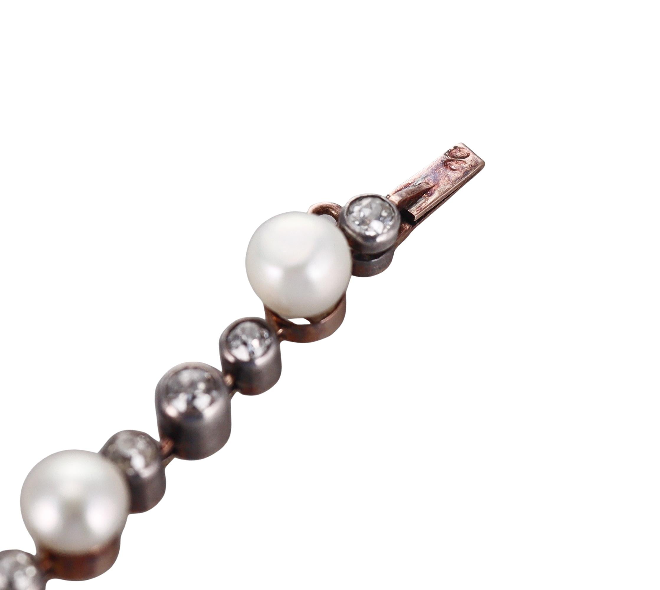 GIA Natural Pearl Antique Gold Silver Diamond Bracelet