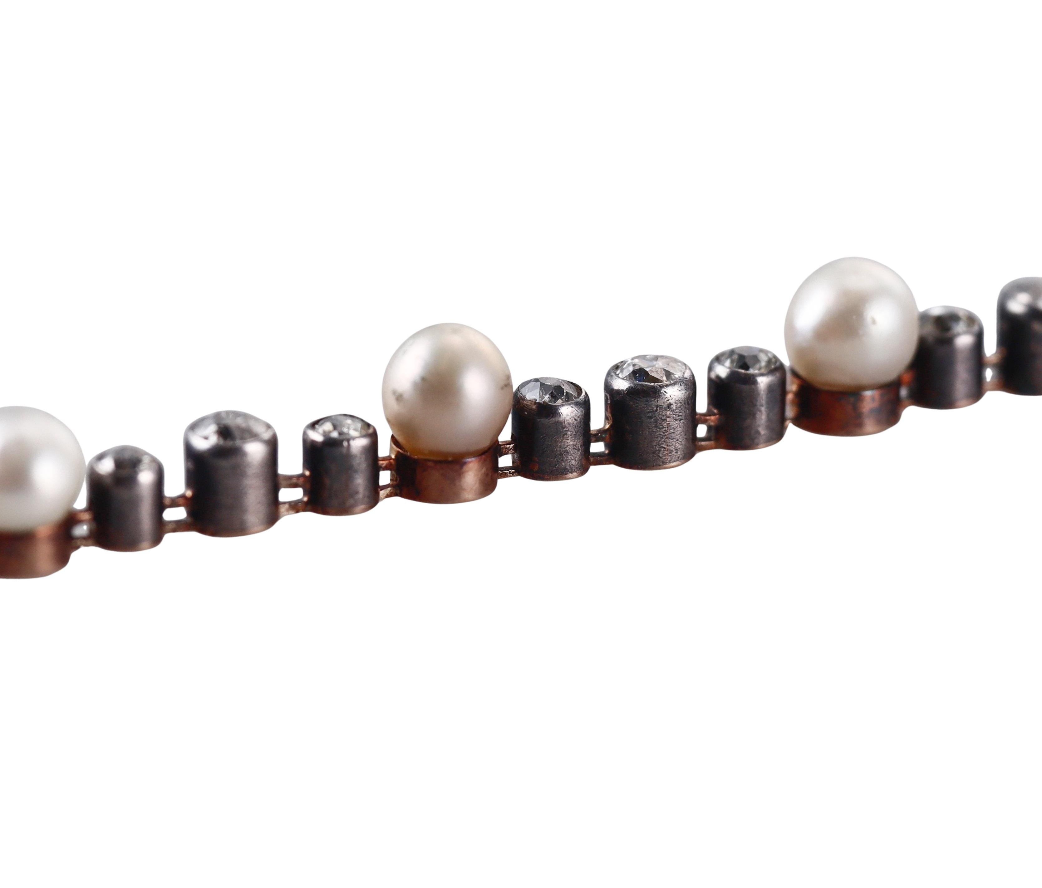 GIA Natural Pearl Antique Gold Silver Diamond Bracelet