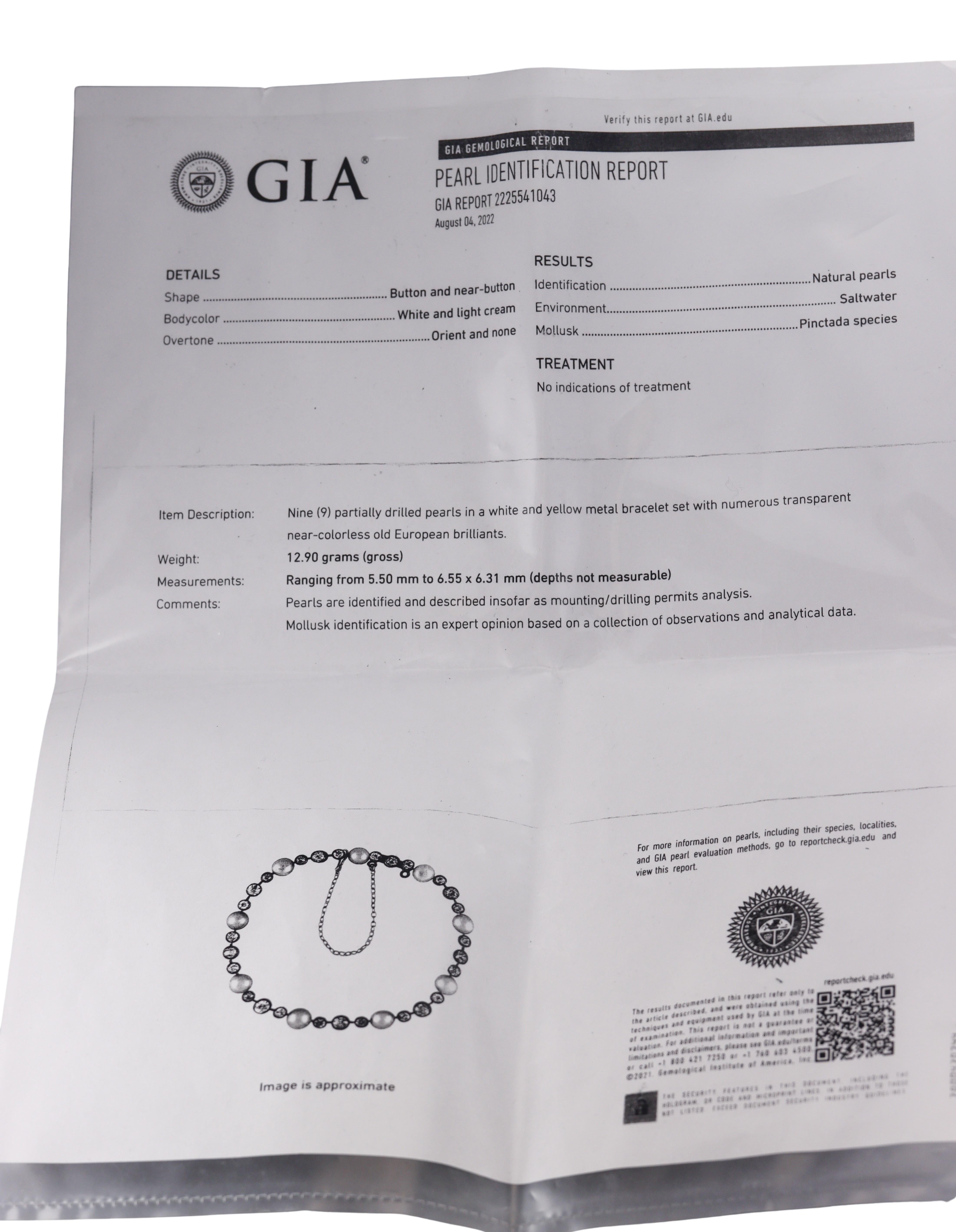GIA Natural Pearl Antique Gold Silver Diamond Bracelet