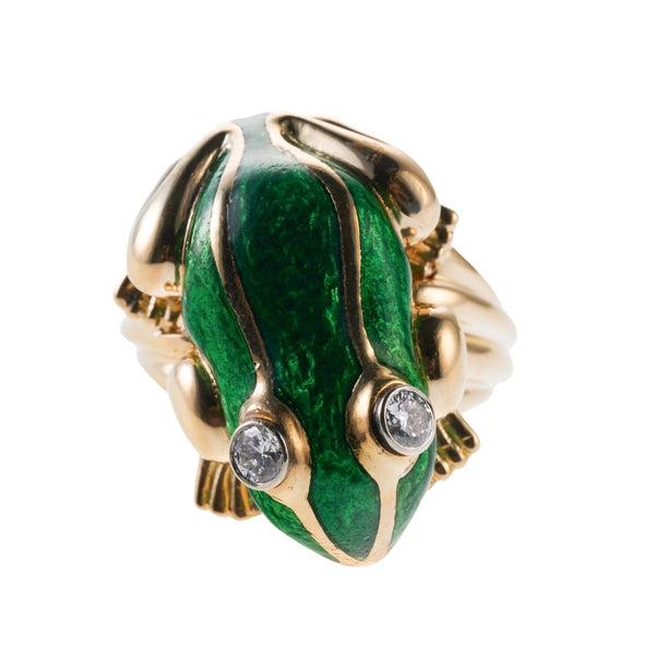 David Webb Gold Enamel Diamond Frog Ring