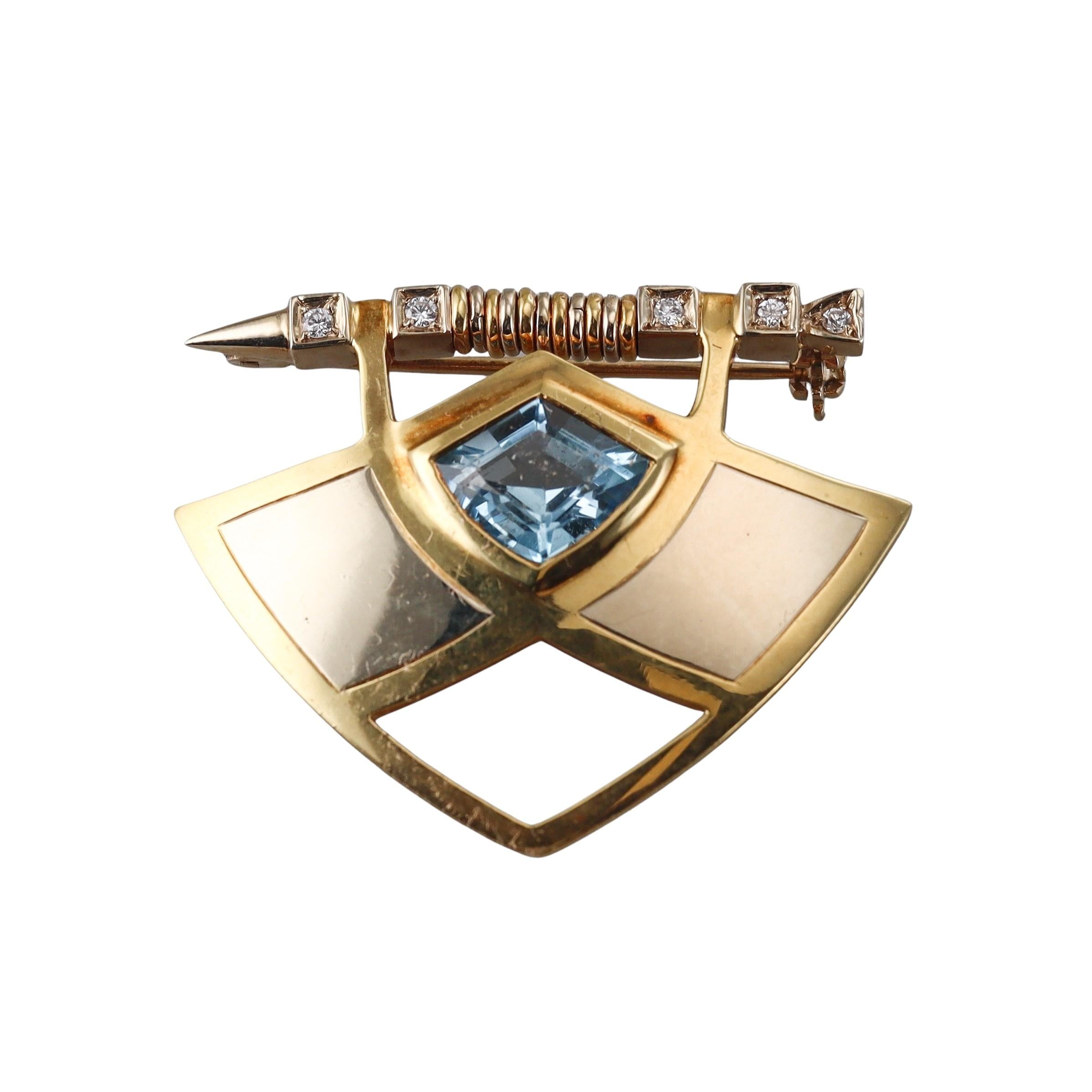 Manfredi Gold Diamond Blue Topaz Brooch Pin