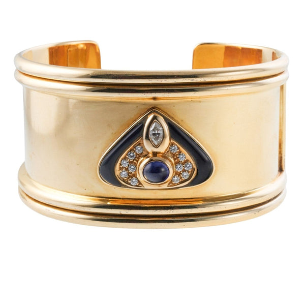 1980s Gold Diamond Sapphire Enamel Cuff Bracelet