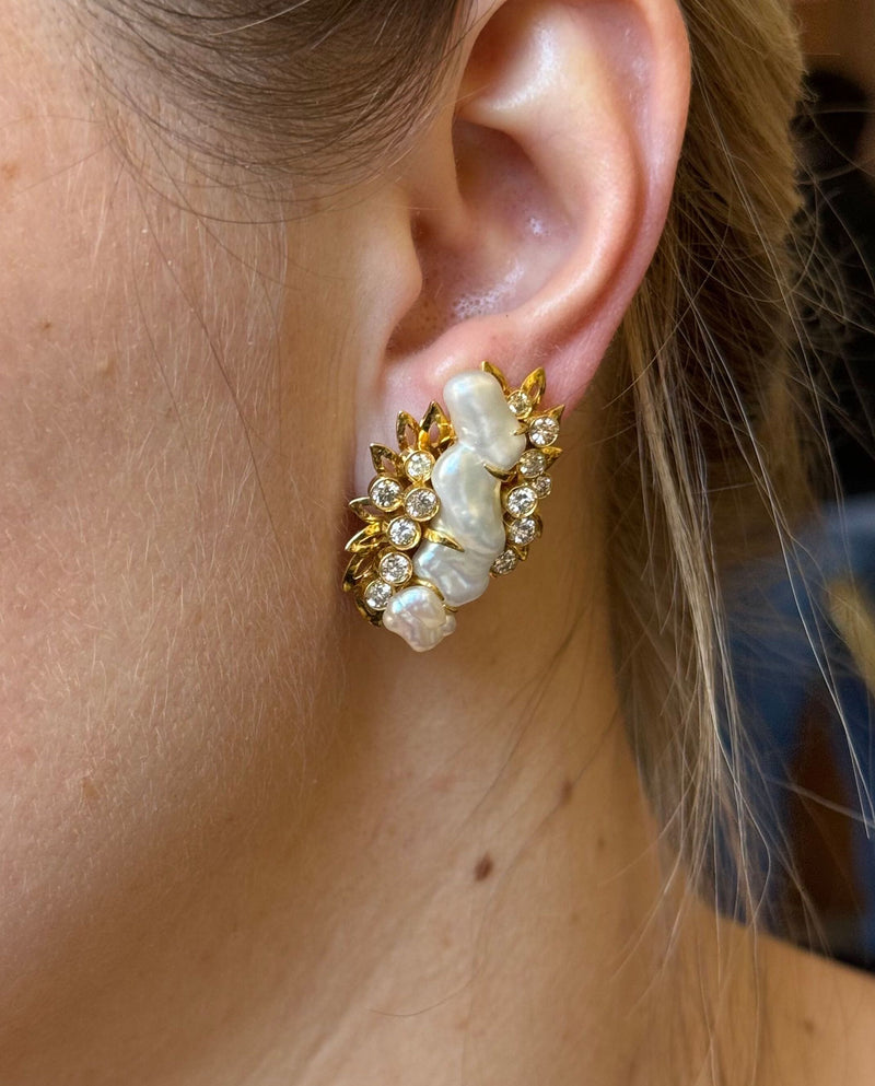 1970s Diamond Pearl Gold Earrings