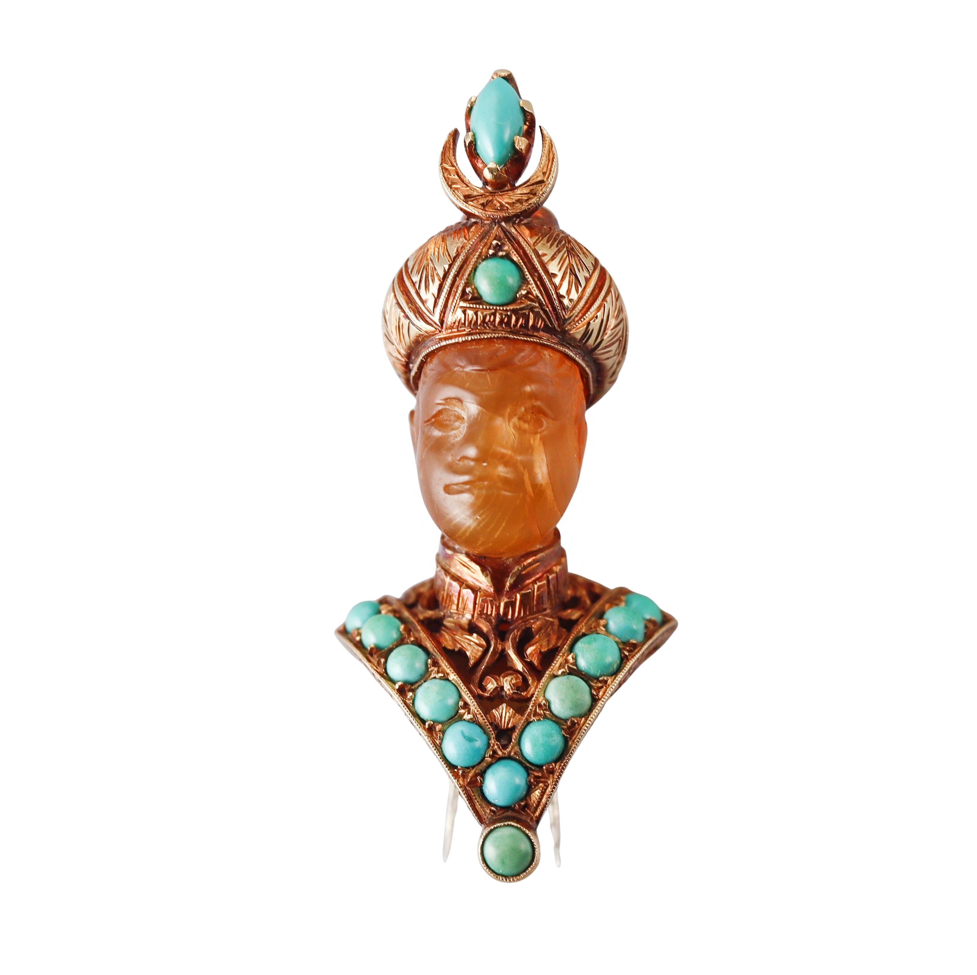 Nardi Amber Garnet Turquoise Gold Blackamoor Brooch