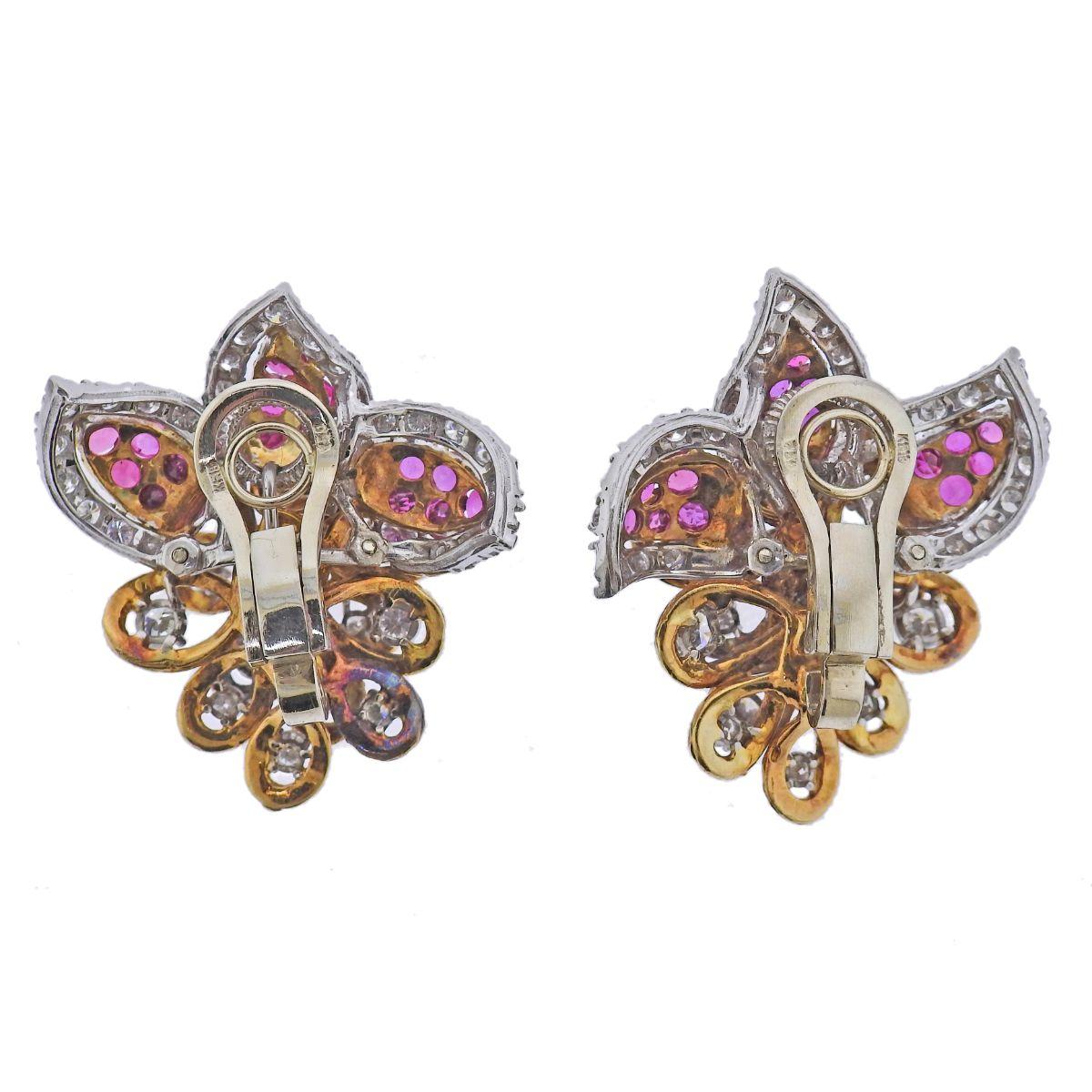 Vintage Gold Ruby Diamond Cocktail Earrings